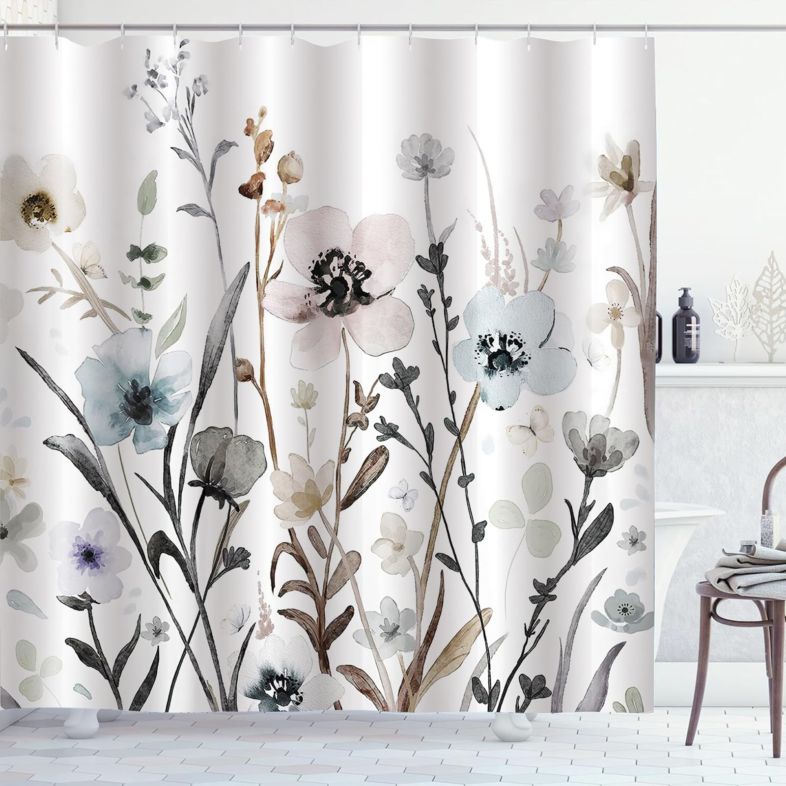 Zchomi Grey Pink Blue Floral Shower Curtain Watercolor Flower Shower Curtain For Bathroom Waterproof Polyester Fabric Bathroom C