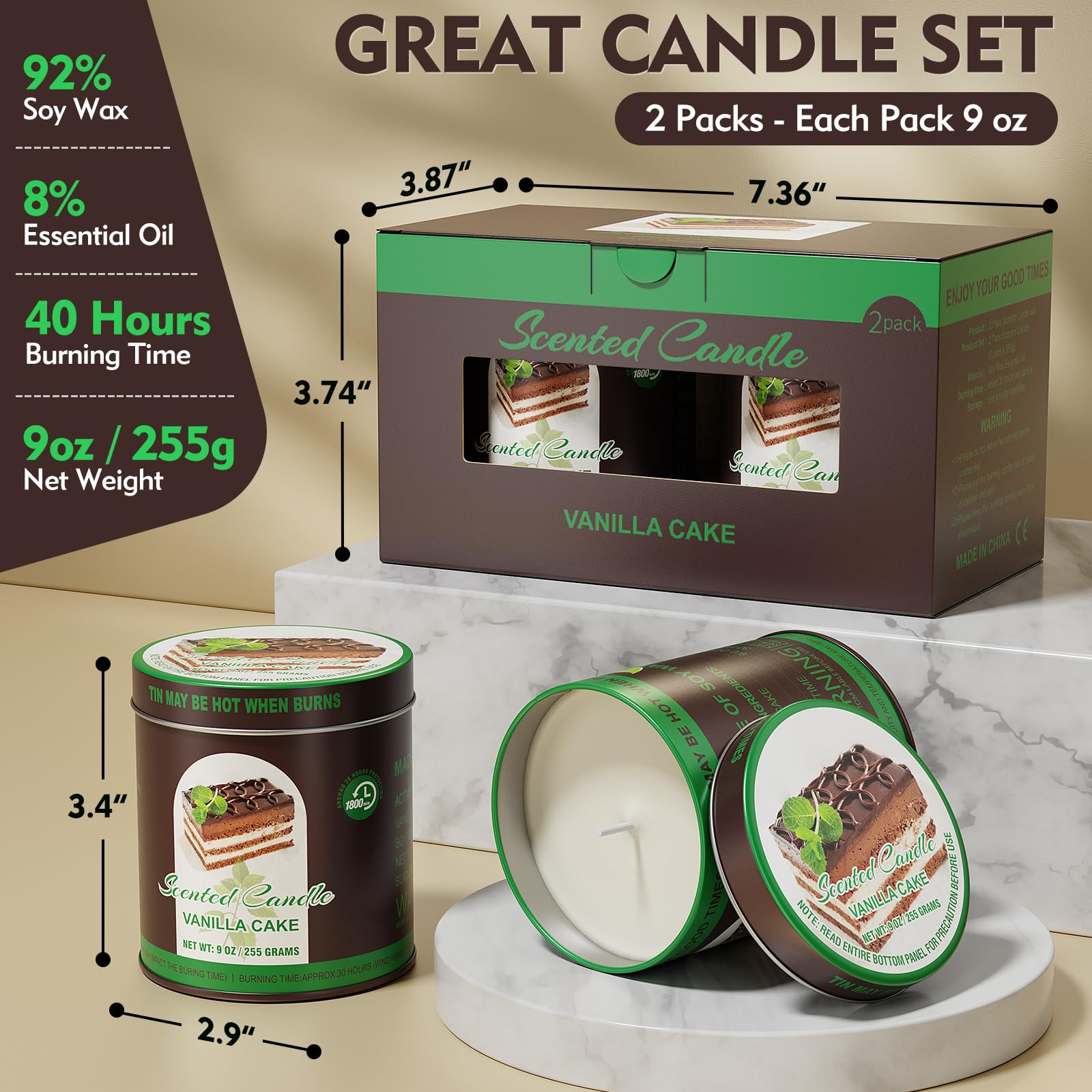 2 Pack Scented Candles (90 Total Burn Hours) - Soy Wax Candles 9 oz Each in Tin - Long Lasting Aromatherapy Candle Gift Set (Van