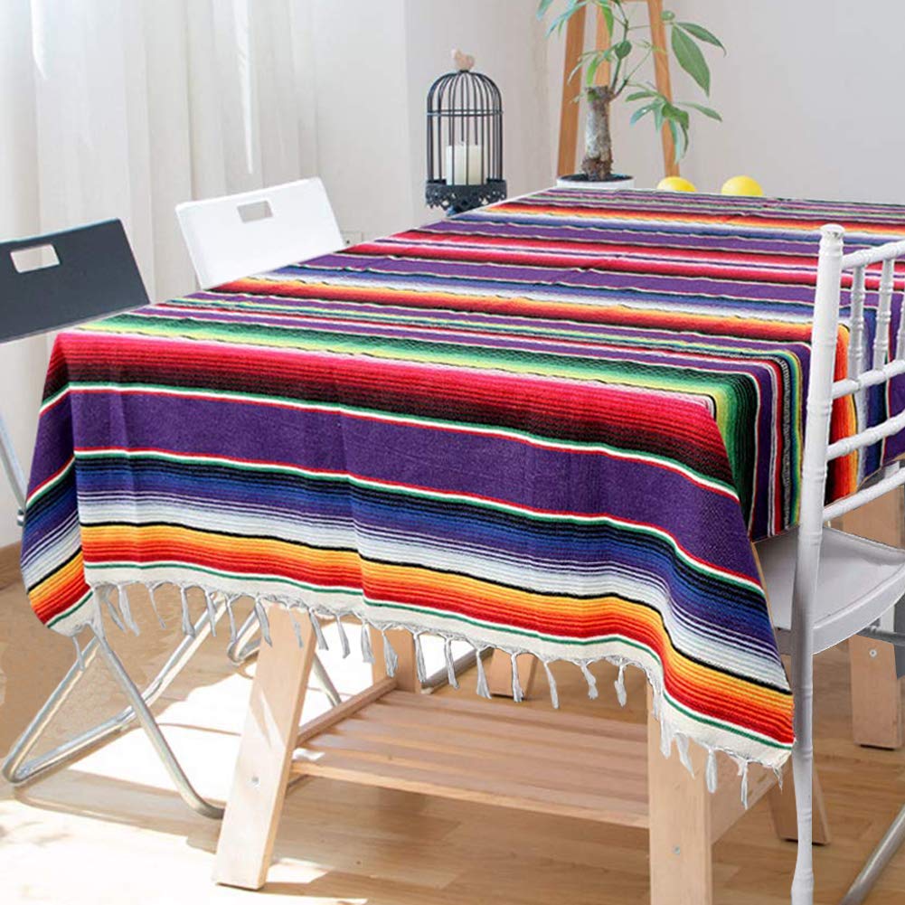 Hxezoc 59 x 84 Inch Mexican Blanket Striped Tablecloth Large Square Fringe Cotton Mexican Serape Tablecloth for Mexican Party Wedding Decorations Outdoor Table Cover (Purple)