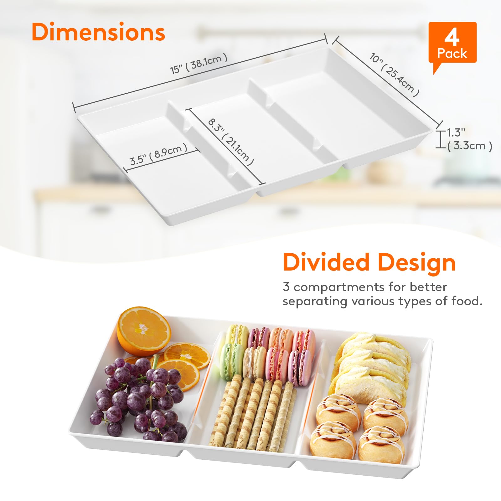 Lifewit Serving Tray Divided For Party Supplies, 4 Pcs 15'' X 10'' Plastic Platters For Serving Food, White Reusable Tray For Ve