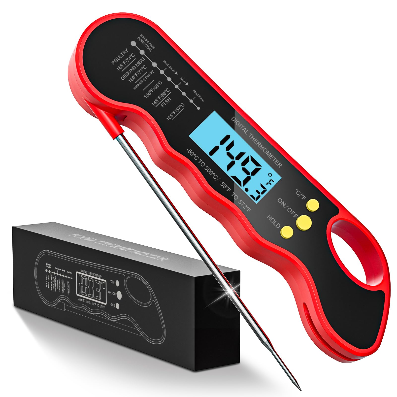 TRAUSI Instant Read Meat Thermometer, Fast & Accurate Digital Food Thermometer with Backlight, Waterproof & Magnet for Grilling,