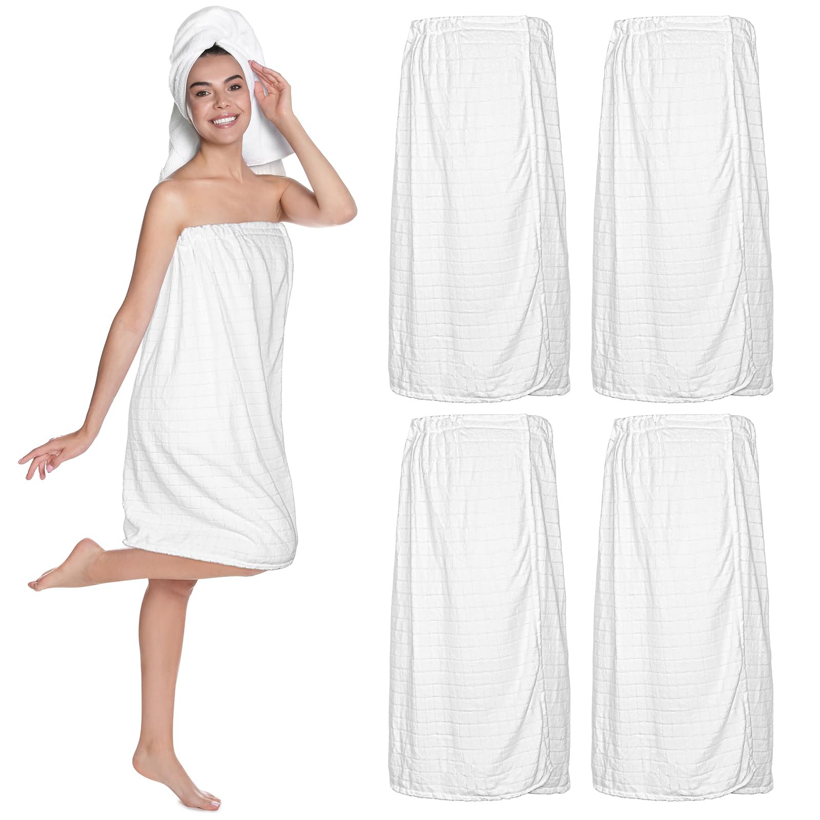 4 Pcs Spa Wrap Towel Wrap For Women Spa Robe With Adjustable Closure Elastic Top Lightweight Wraps For Bath Shower (White,Bow)