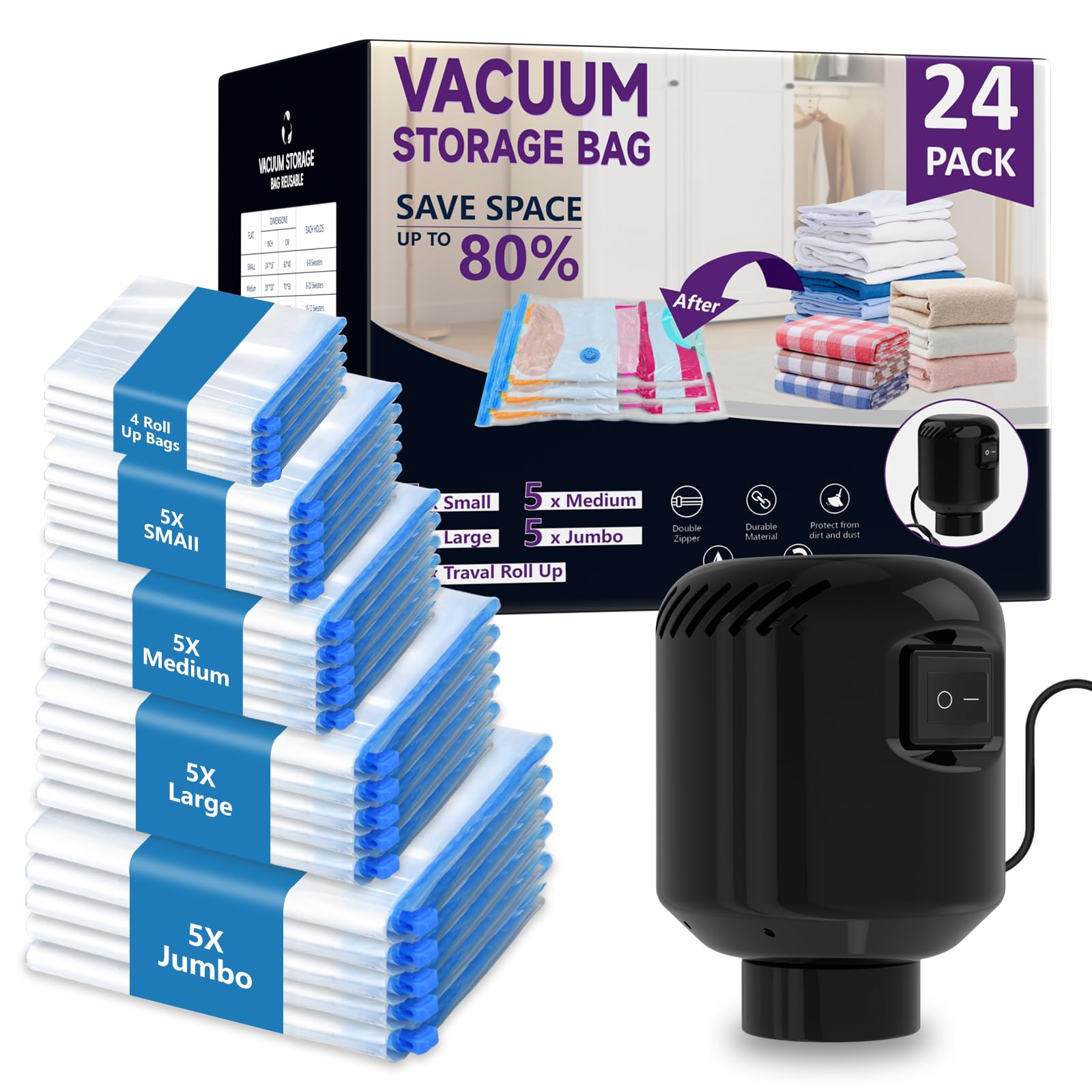 Morecoo 24 Pack Vacuum Storage Bags With Electric Pump  Reduce Volume By 80%, 5 Sizes For Clothes & Bedding, Airtight Waterproo