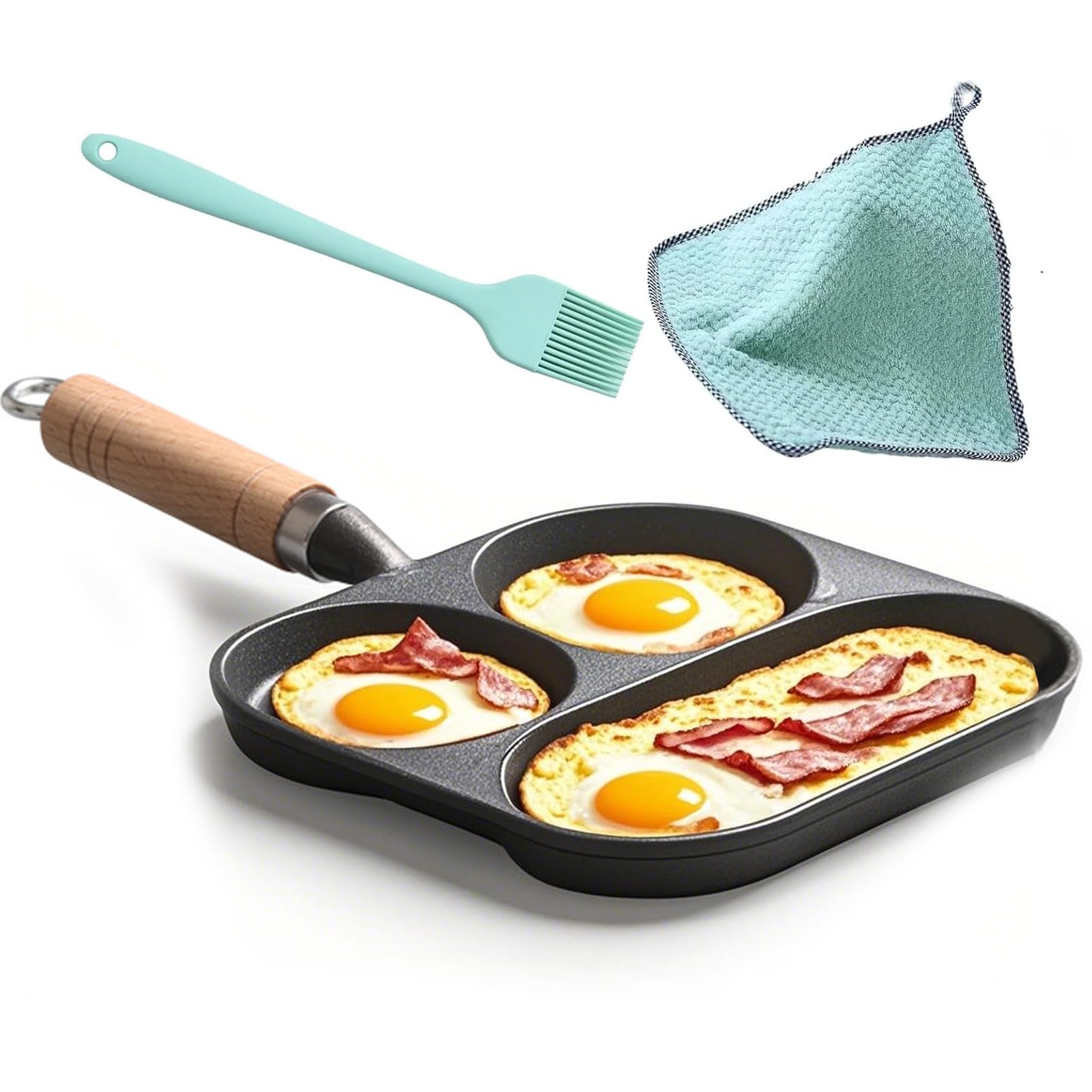 Rwoora Cast Iron Egg Frying PanBreakfast Pancake Pan Set,Multifunction Antiscalding Handle Omelette Pan for Gas Stove & Induct