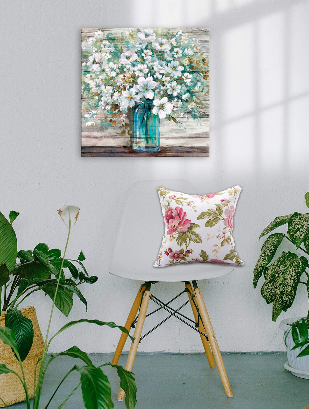 3Ldecor Country Style Canvas Wall Art Teal Blue Mason Bottle White Flower Rustic Wall Decor Art Hanging In The Bedroom Bathroom