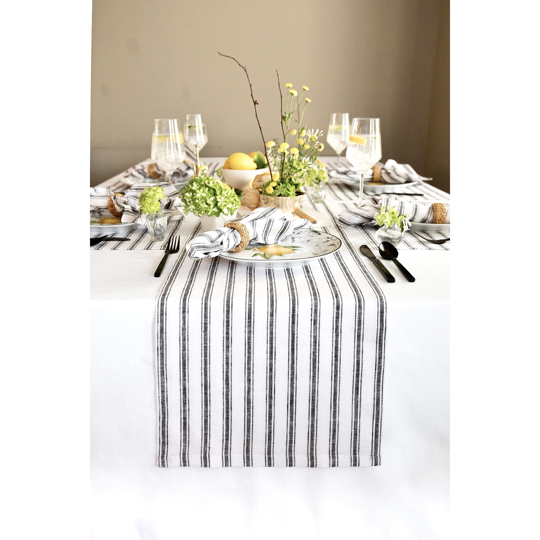 Solino Home Linen Stripe Table Runner 108 Inches Long - 100% Pure Linen Black And White Spring Table Runner 14 X 108 Inch - Farm