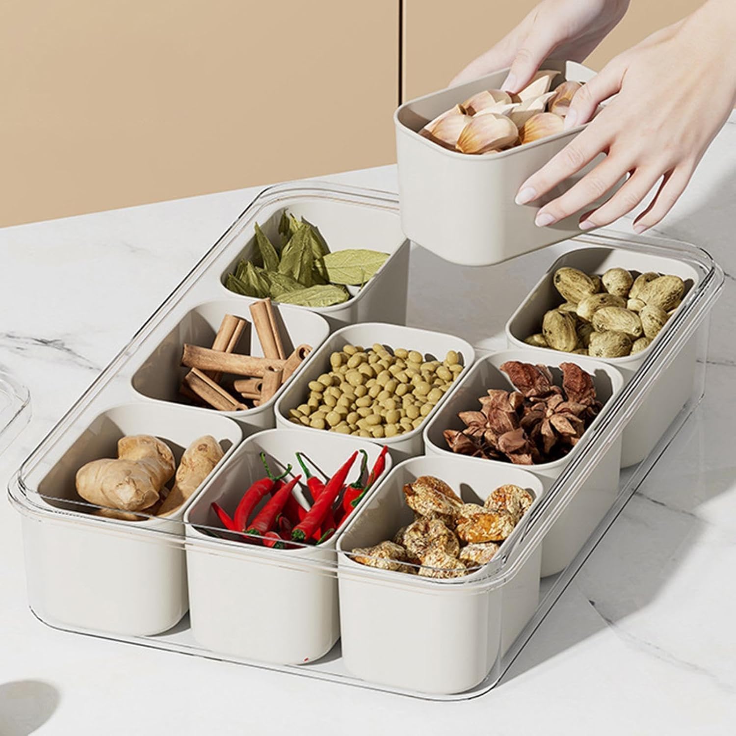 Fridge Storage Box With Compartments And Lid  Multipurpose Refrigerator Organizer Container With Removable Serving Trays, Carry