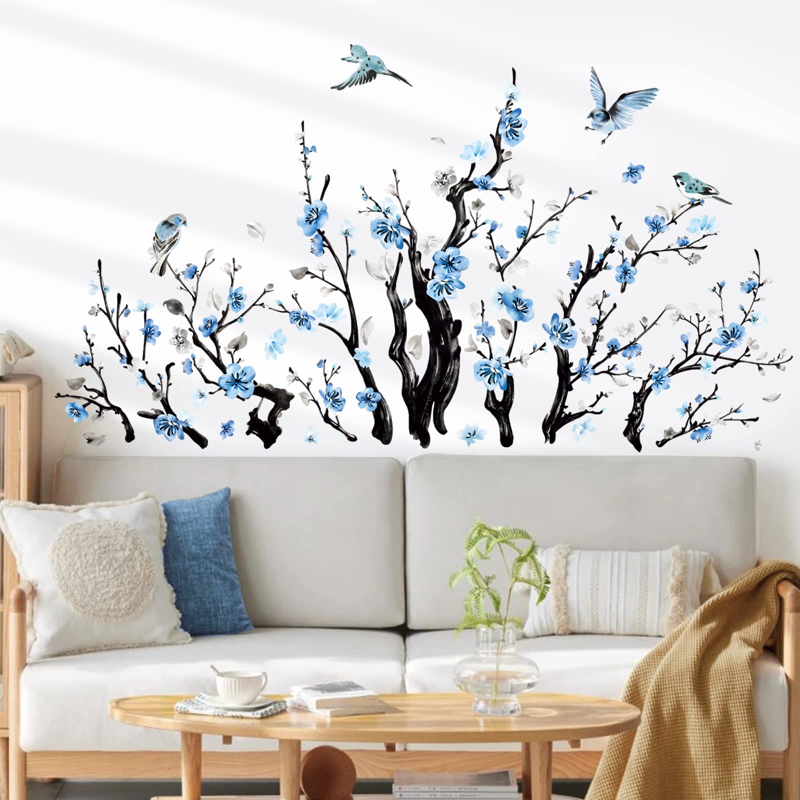 Wondever Watercolor Flower Tree Branch Wall Stickers Blossom Blue Floral Birds Peel And Stick Wall Art Decals For Living Room Be