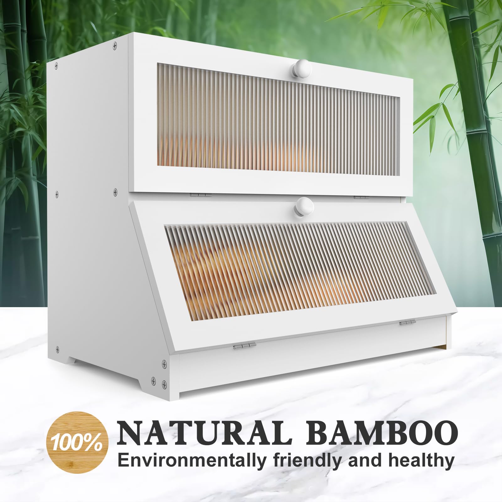 Lohasok Double Layer Bamboo Bread Box For Kitchen Counter-Large Capacity Bread Storage Container Farmhouse Bread Box With Window