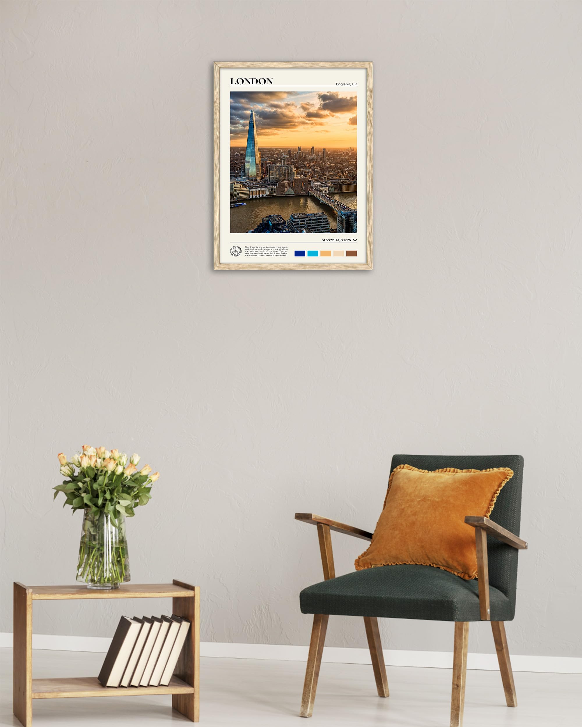 Hesendot Natural Oak Wood Framed London City Wall Art,12X16In Shard Landscape Canvas Wall Print Poster,Classic Urban Landmark Wa