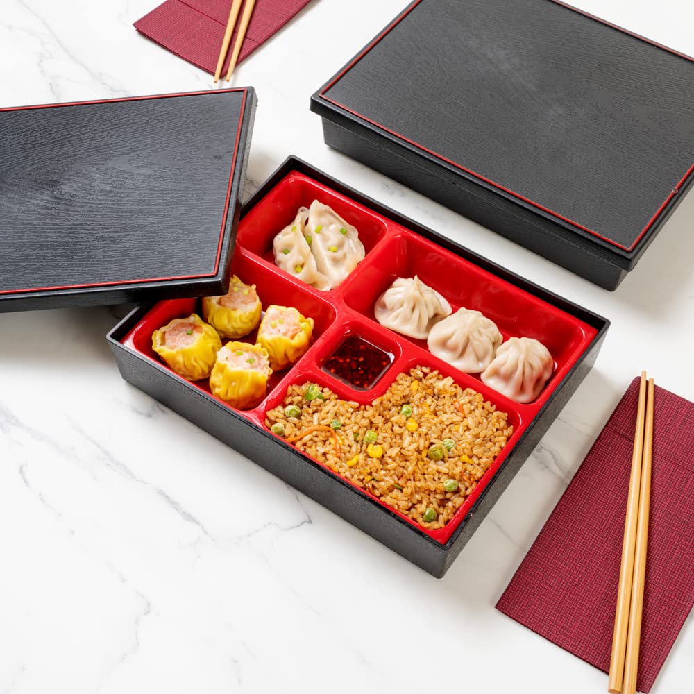 Restaurantware Bento Tek Rectangle Black & Red Small Japanese Style Bento Box - 5 Compartments - 10 3/4'' X 8 1/4'' X 2 1/4'' -