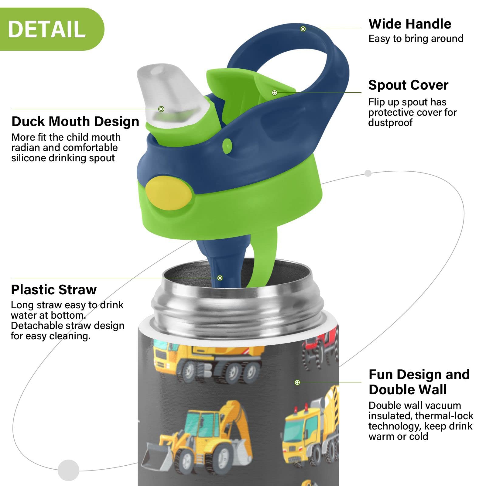 Boccsty Yellow Tractor Truck Kids Water Bottle With Straw Lid Car Insulated Stainless Steel Reusable Tumbler For Boys Girls Todd