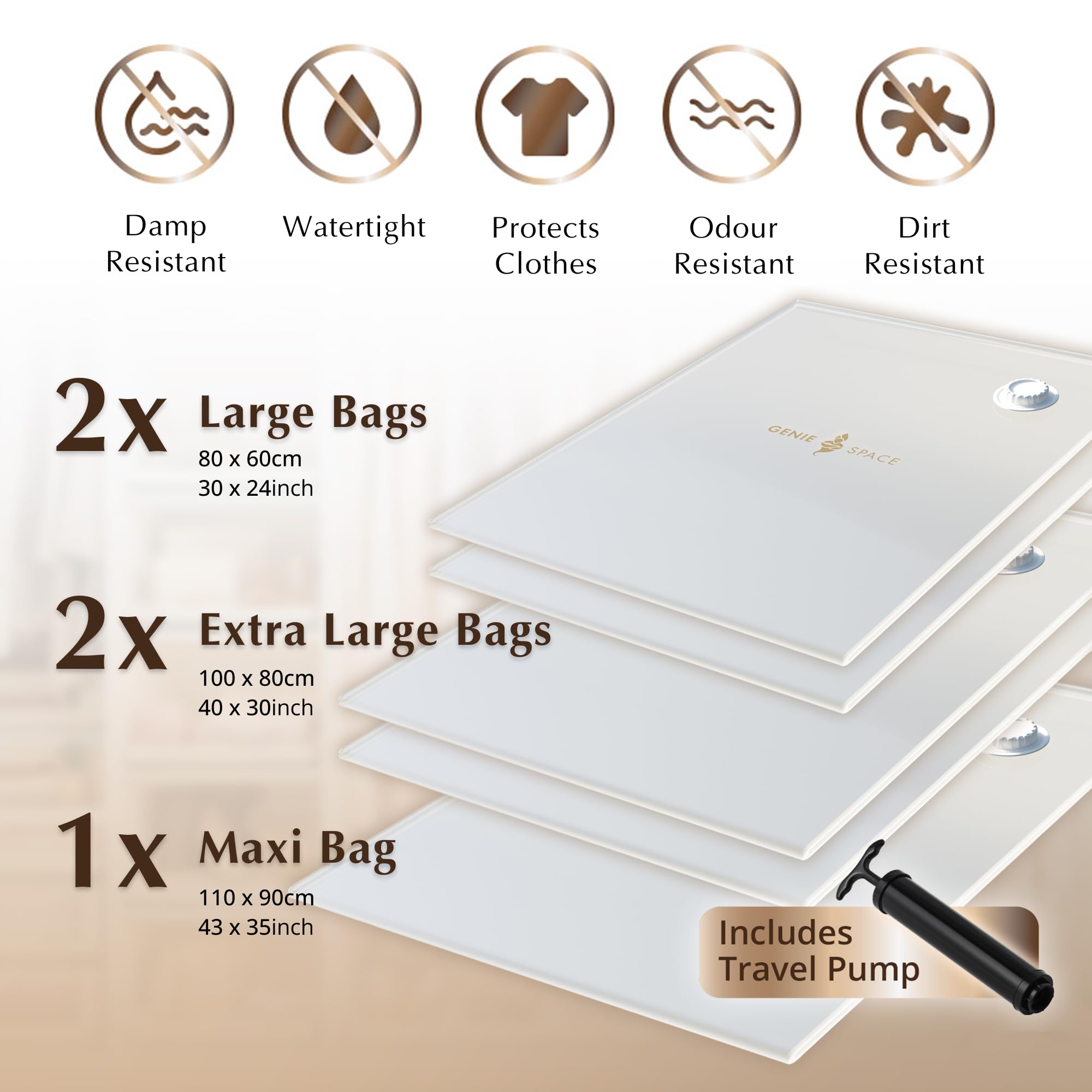 Genie Space - Incredibly Strong Premium Space Saving Vacuum Bags Storage | Variety 5 Pack (1Mx+2Xl+2L) | Airtight & Reusable | C