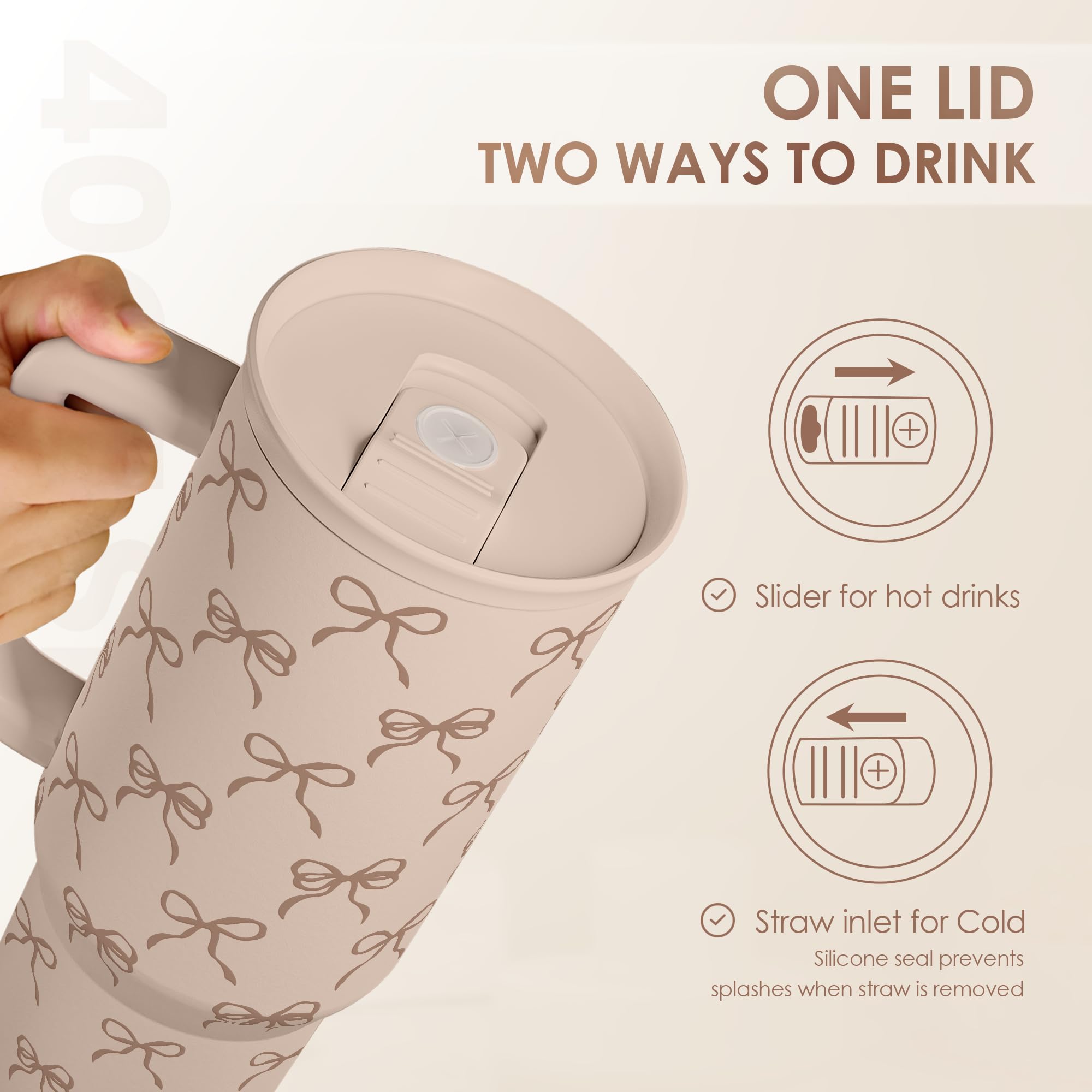 Bow Tumbler with Handle and Straw 40oz - Stainless Sleel Slider Tumbler Travel Coffee Mug for Women - Gift Idea for Birthday Chr