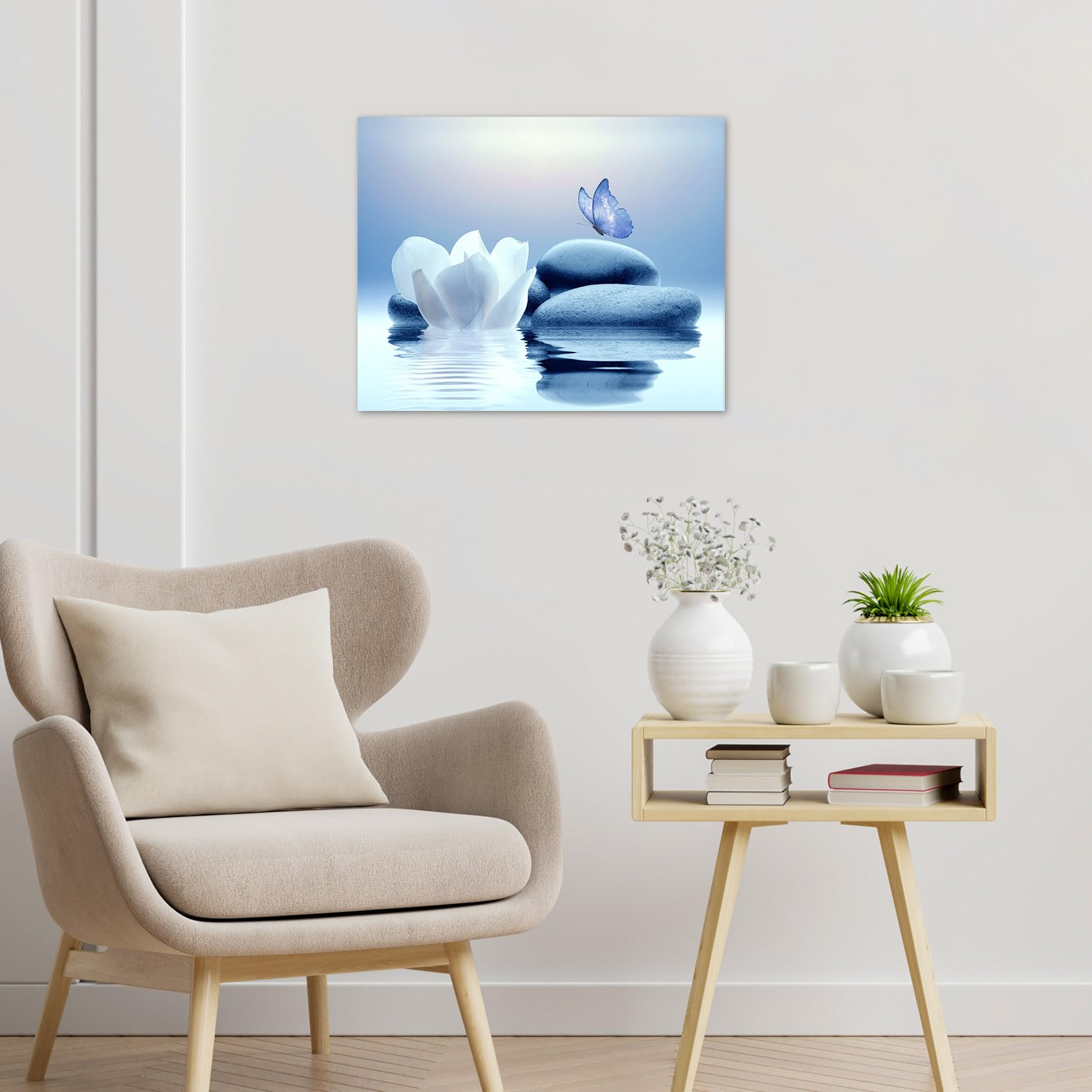Eobtain Zen Stone Canvas Wall Art White Flower And Blue Butterfly On Lake Wall Art For Bathroom Living Room Bedroom Modern Spiri