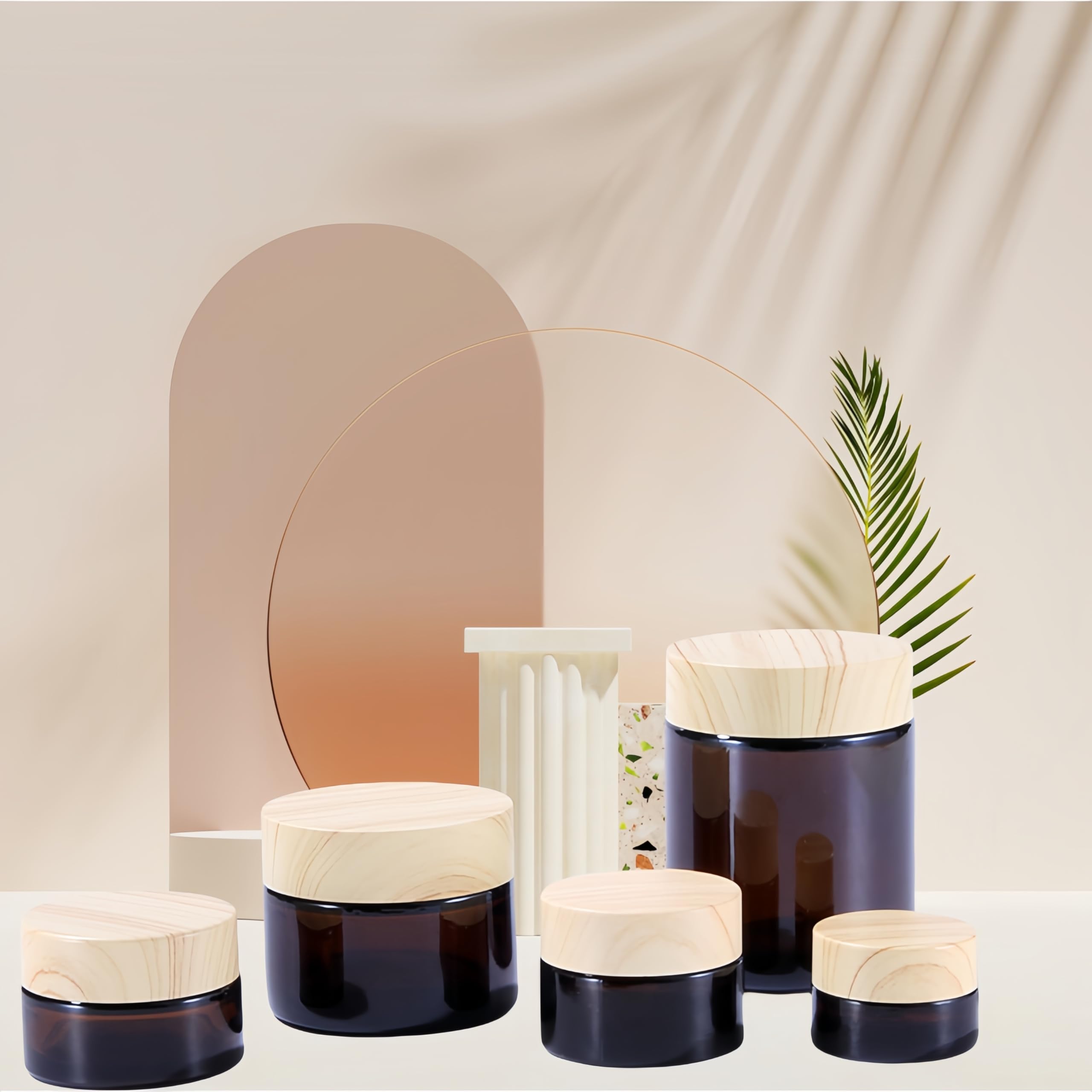 4Pcs 100G Amber Glass Cream Jars,Empty Refillable Cosmetic Containers Pot With Wood Grain Lids For Lotion,Cream,Lip Balm,Eye Cre