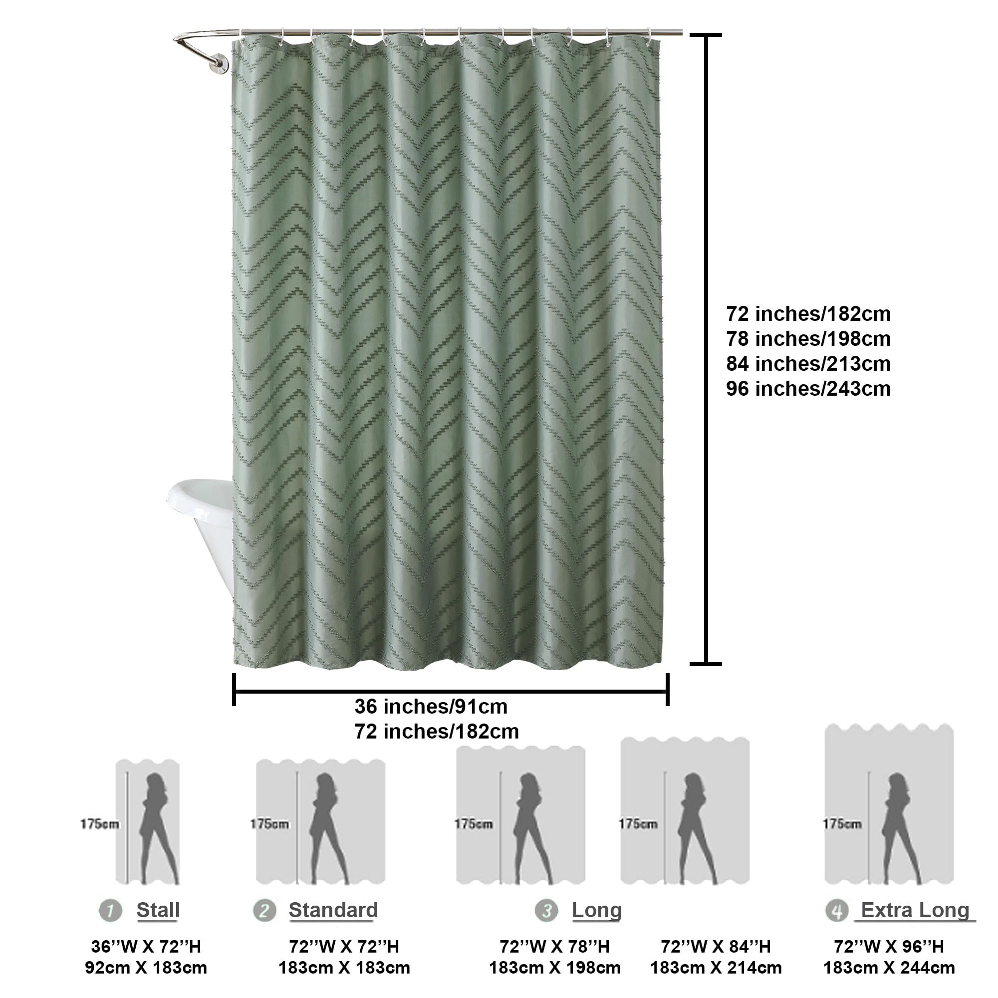 Chyhomenyc Chevron Extra Long Sage Green Boho Shower Curtain Set 72X84 Inches, Fabric Shower Curtain Modern Farmhouse Chic Textu