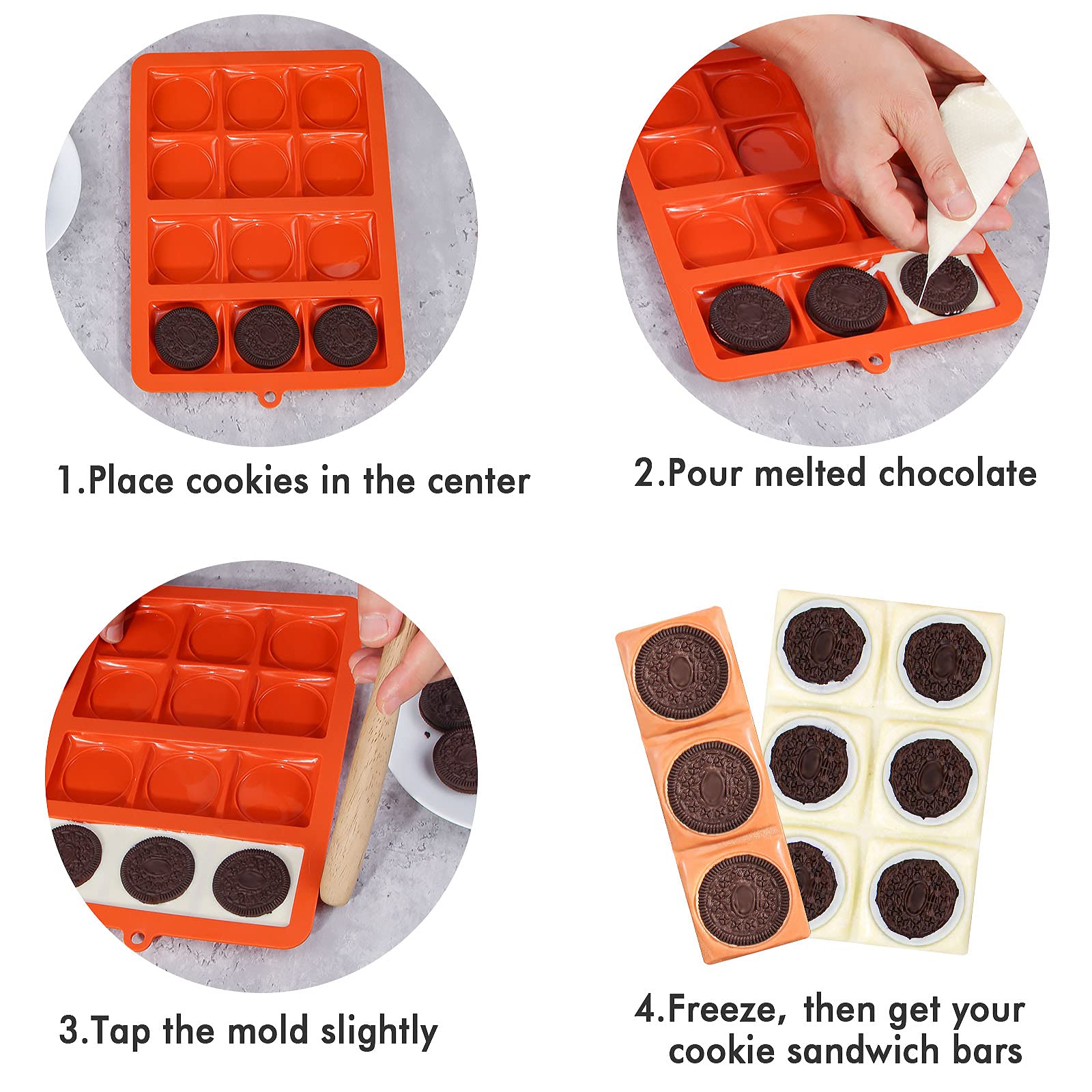 Webake Cookie Chocolate Bar Mold Silicone Break-Apart Chocolate Covered Cookie Bar Molds For Sandwich Cookies, Pack Of 2