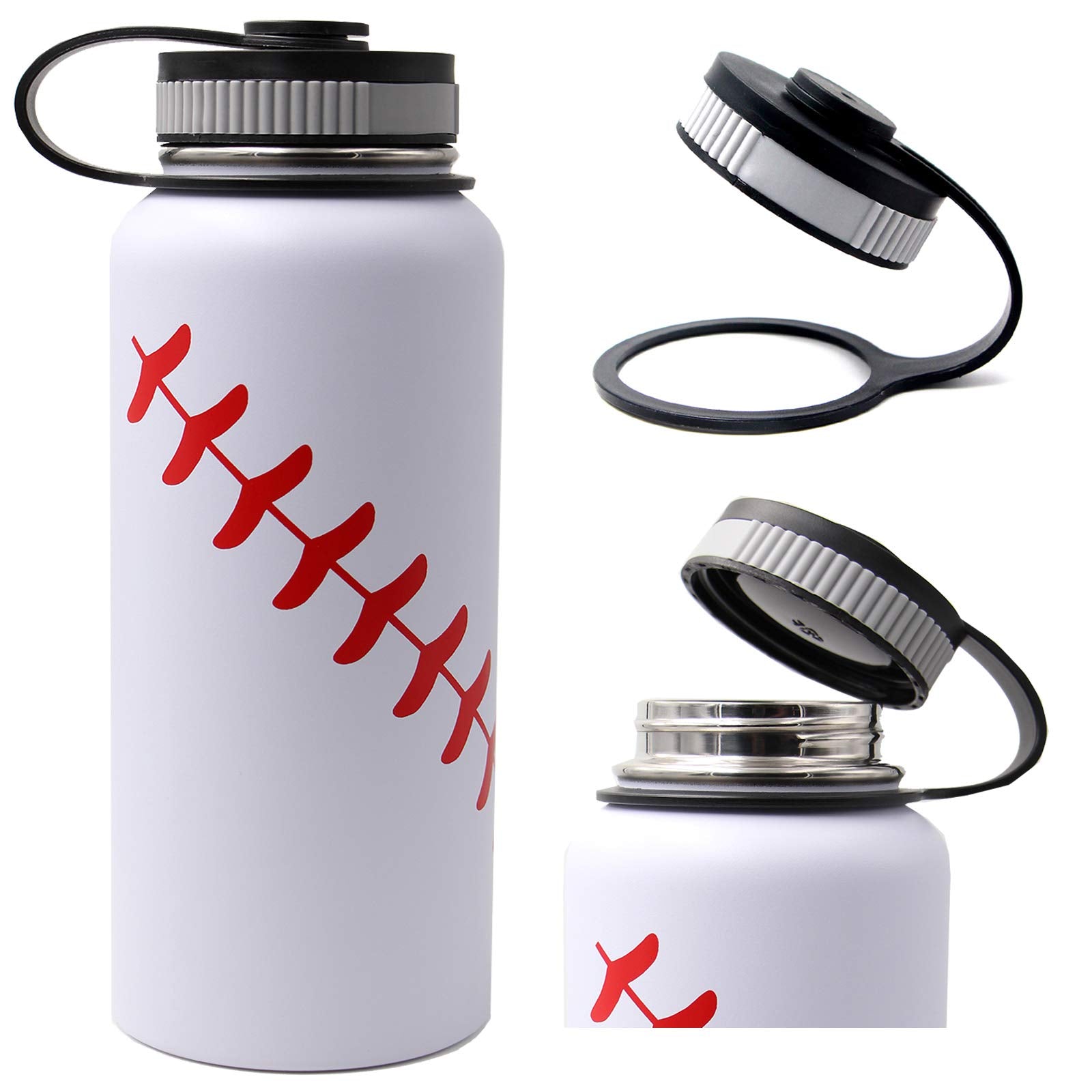 32 Oz Baseball Water Bottle, Wide Mouth Sports Flask Metal Travel Tumbler With 2 Lids 18/8 Stainless Steel Double Wall Vacuum In