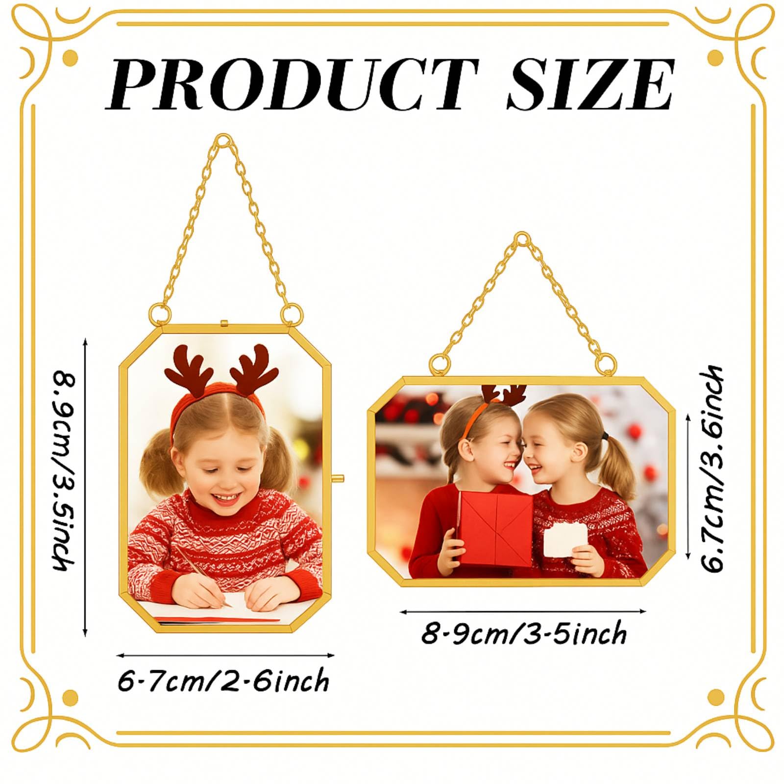 Qunclay 6 Pcs 2.5x3.5    3.5x2.5    Christmas Brass Picture Frame Ornaments Xmas Metal Double Glass Hanging Photo Frame with Met