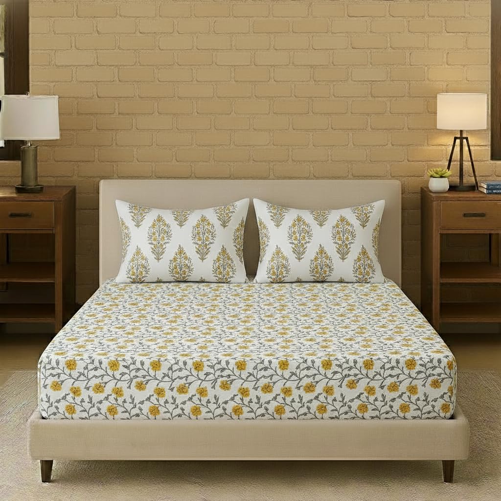 Trance Home Linen 180 Tc 100% Cotton 78X60 Standard Queen Size Elastic Fitted Bedsheet | Printed Queen Bed Size Elasticated Fi