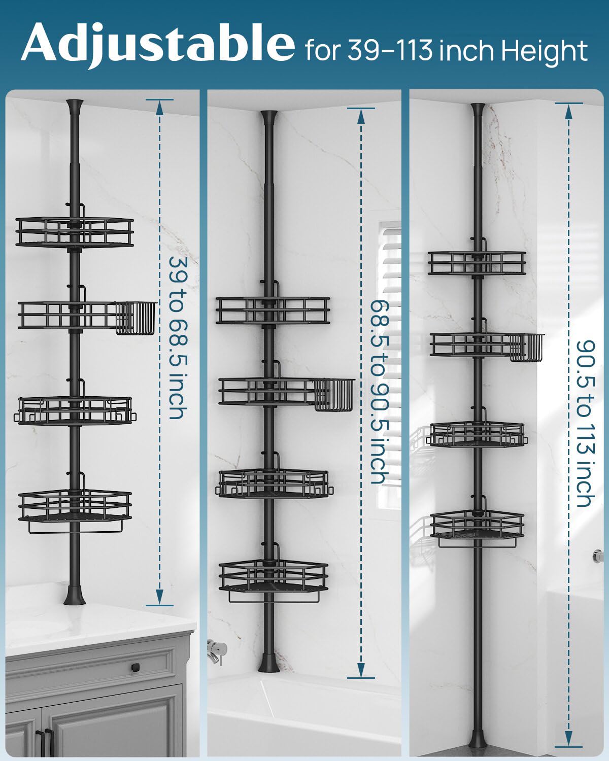 Seirione Rustproof Corner Shower Caddy Organizer, 4 Large Baskets For Storage Bathroom Accessories, Tension Pole Extend From 56