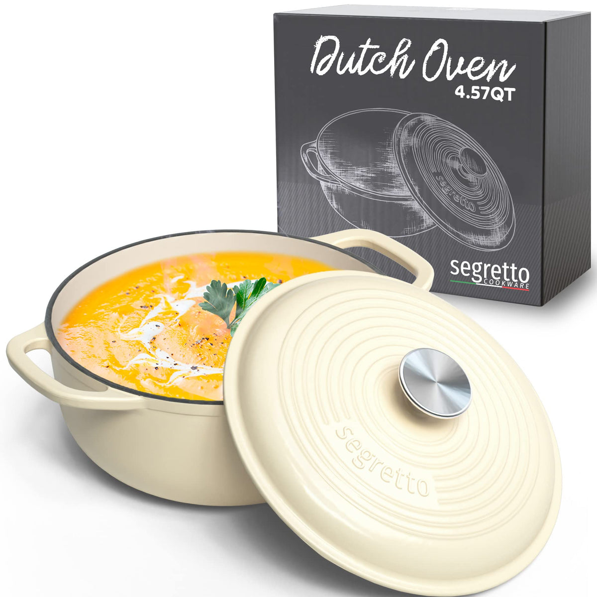 Segretto Cookware Enameled Cast Iron Dutch Oven Pot With Lid 4.57 Quarts, Bianco Perla (Off-White) White Enamel Dutch Oven Cast