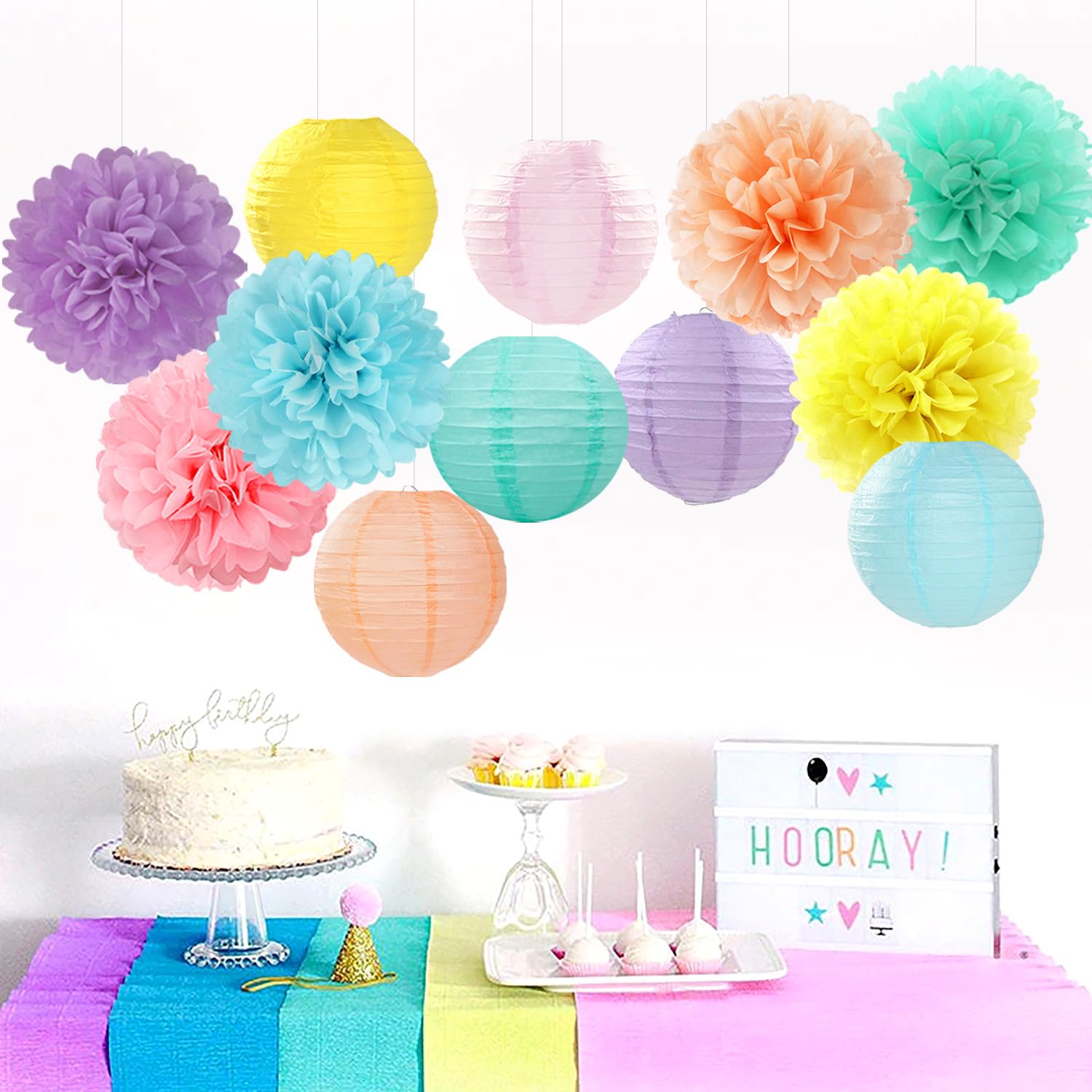 Pastel Rainbow Colorful Party-Decorations Paper Flowers Lanterns - 15Pcs Birthday Classroom Baby Shower Tissue Pom Poms Streamer