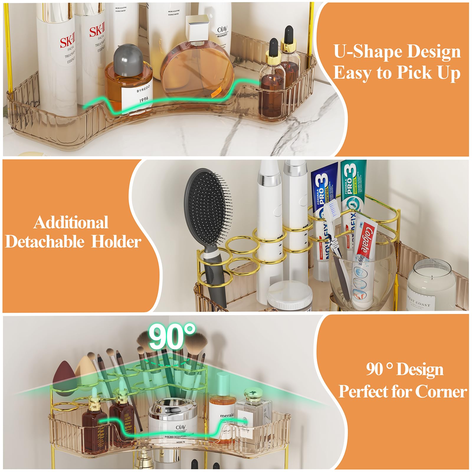 Sunzos Corner Bathroom Counter Organizer, 3-Tier Countertop Perfume Tray Organizer With Makeup Brush Holder, Vanity Makeup Cosme