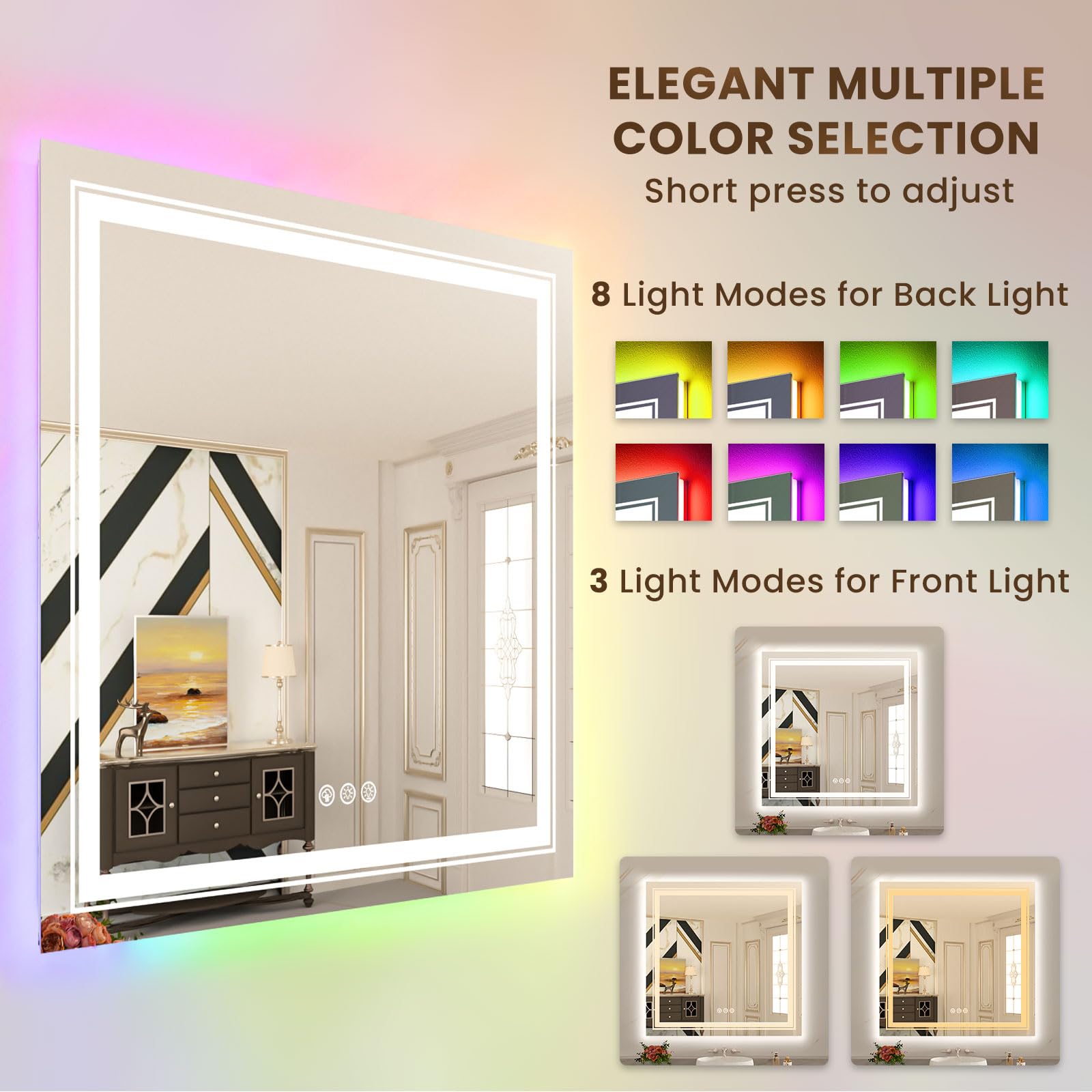 Wtty Rgb Led Bathroom Mirror 36''X36'' With Backlit And 3 Front Light,Stepless Dimmable Led Mirror For Bathroom,Lighted Bathroom