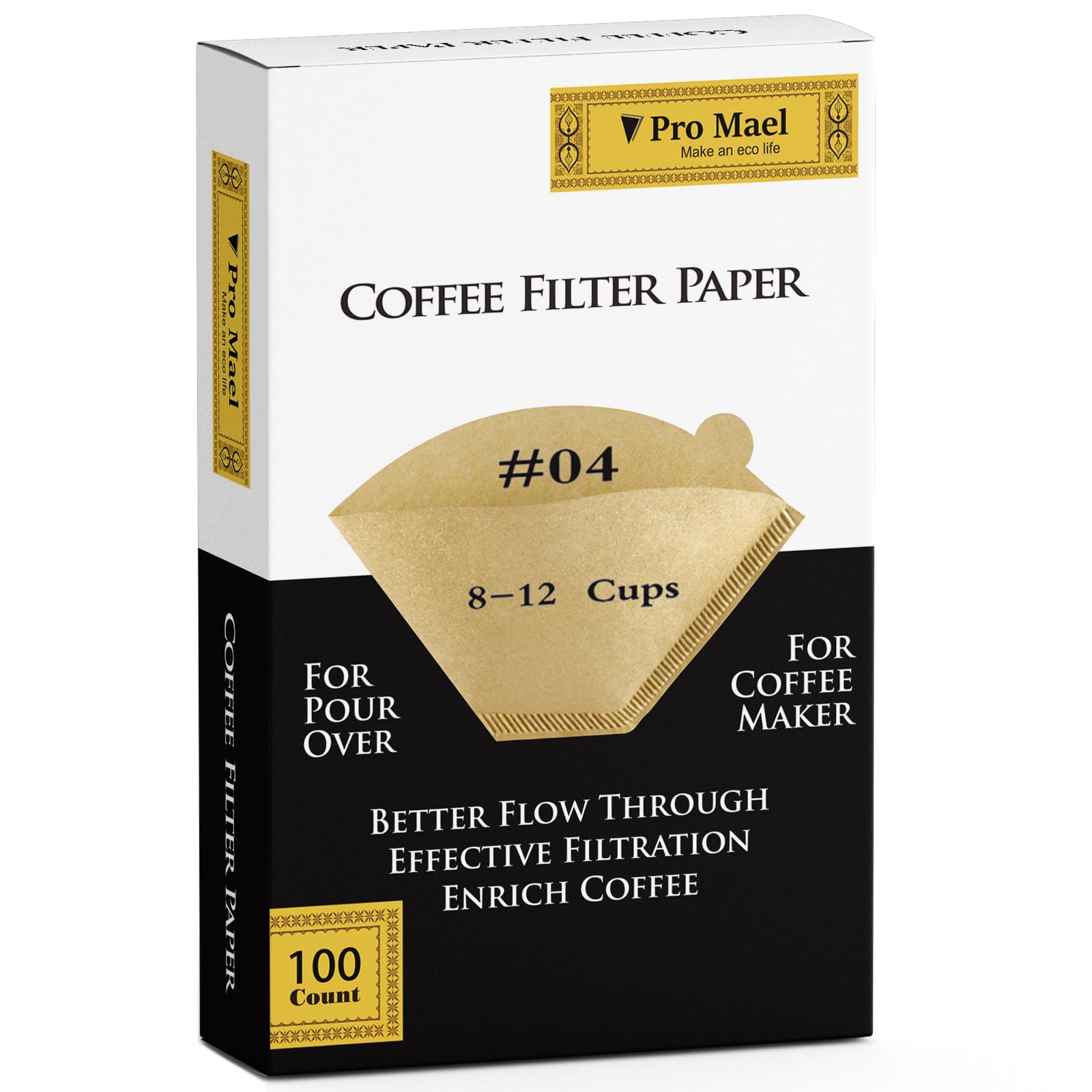 Pro Mael #4 Cone Coffee Filters Paper Disposable For Pour Over And Drip Coffee Maker, Better Filtration No Blowouts Made From Un