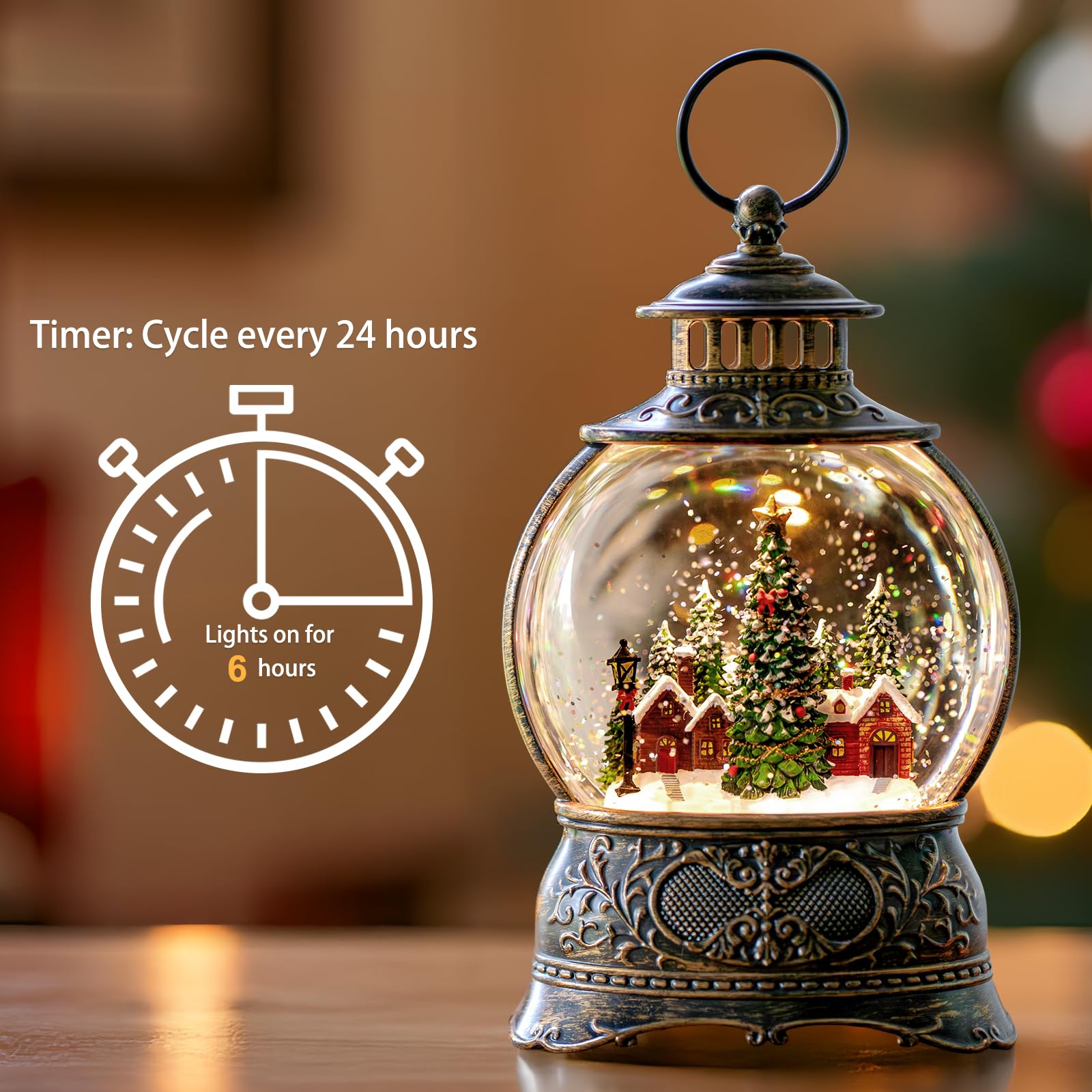 Christmas Snow Globes Water Lantern with Christmas Tree Village, Music & 6H Timer, USB Lined/Battery Operated Lighted Lanterns f