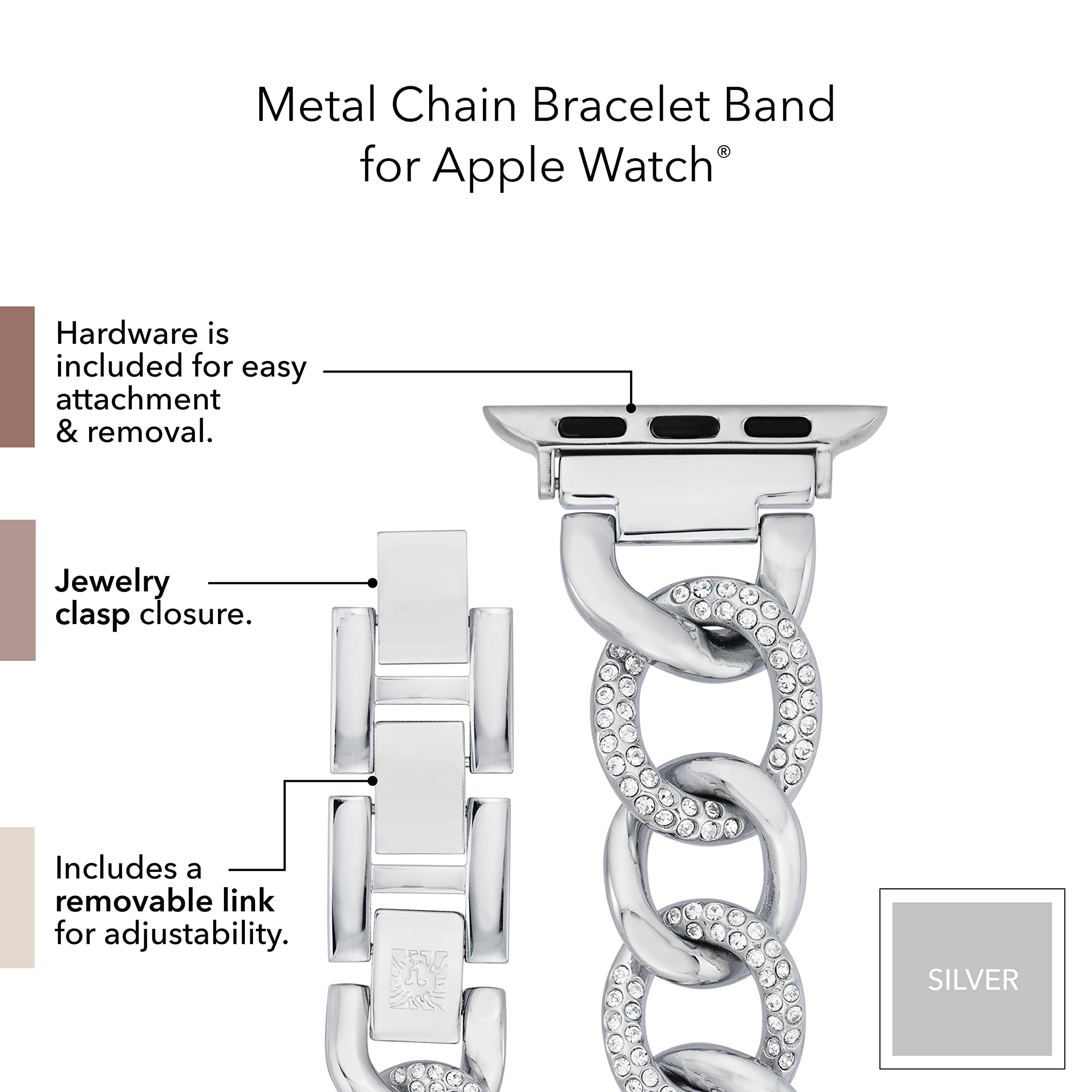 Anne Klein Fashion Chain Bracelet For Apple Watch, Secure, Adjustable, Apple Watch Replacement Band, Fits Most Wrists (424445Mm,