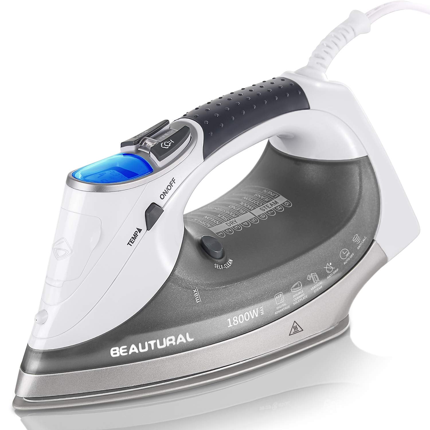 Beautural 1800-Watt Steam Iron With Digital Lcd Screen, Double-Layer And Ceramic Coated Soleplate, 3-Way Auto-Off, 9 Preset Temp