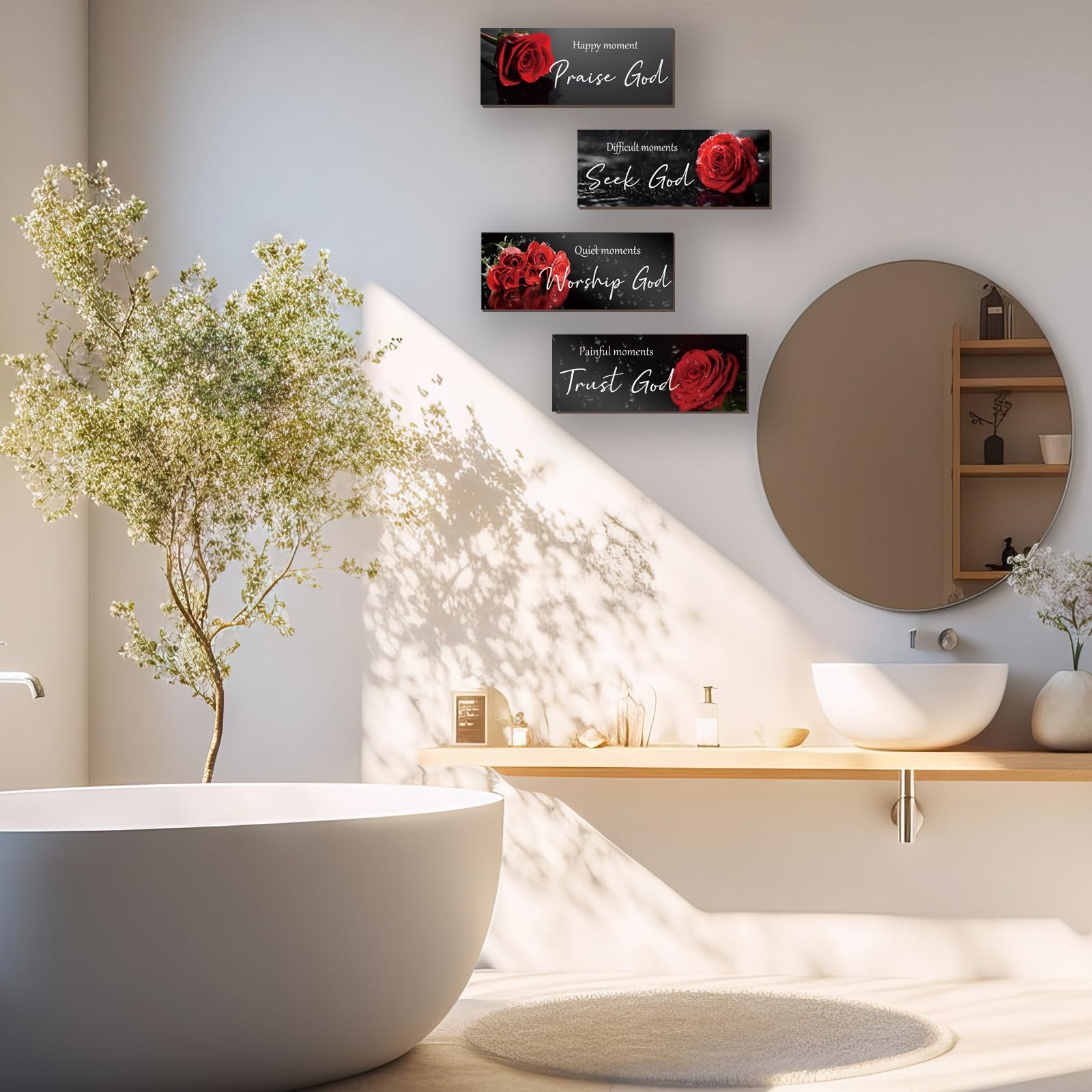 ONIZHITY 4 Pcs Red Bathroom Decor Religious Wall Art Bible Verse Inspirational Red Rose Wall Decor Rustic Flower Wooden Christia
