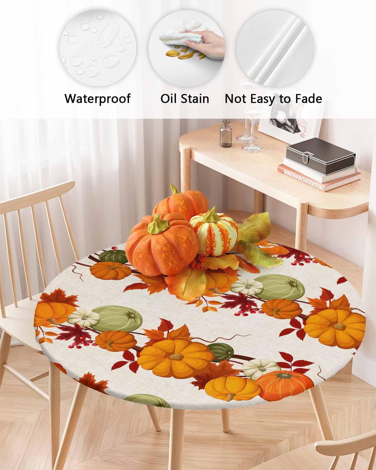 Chucoco Thanksgiving Day Round Fitted Table Cover For Dining Tables,Elastic Edged Tablecloth Autumn Maple Leaf Pumpkins Vines Wa
