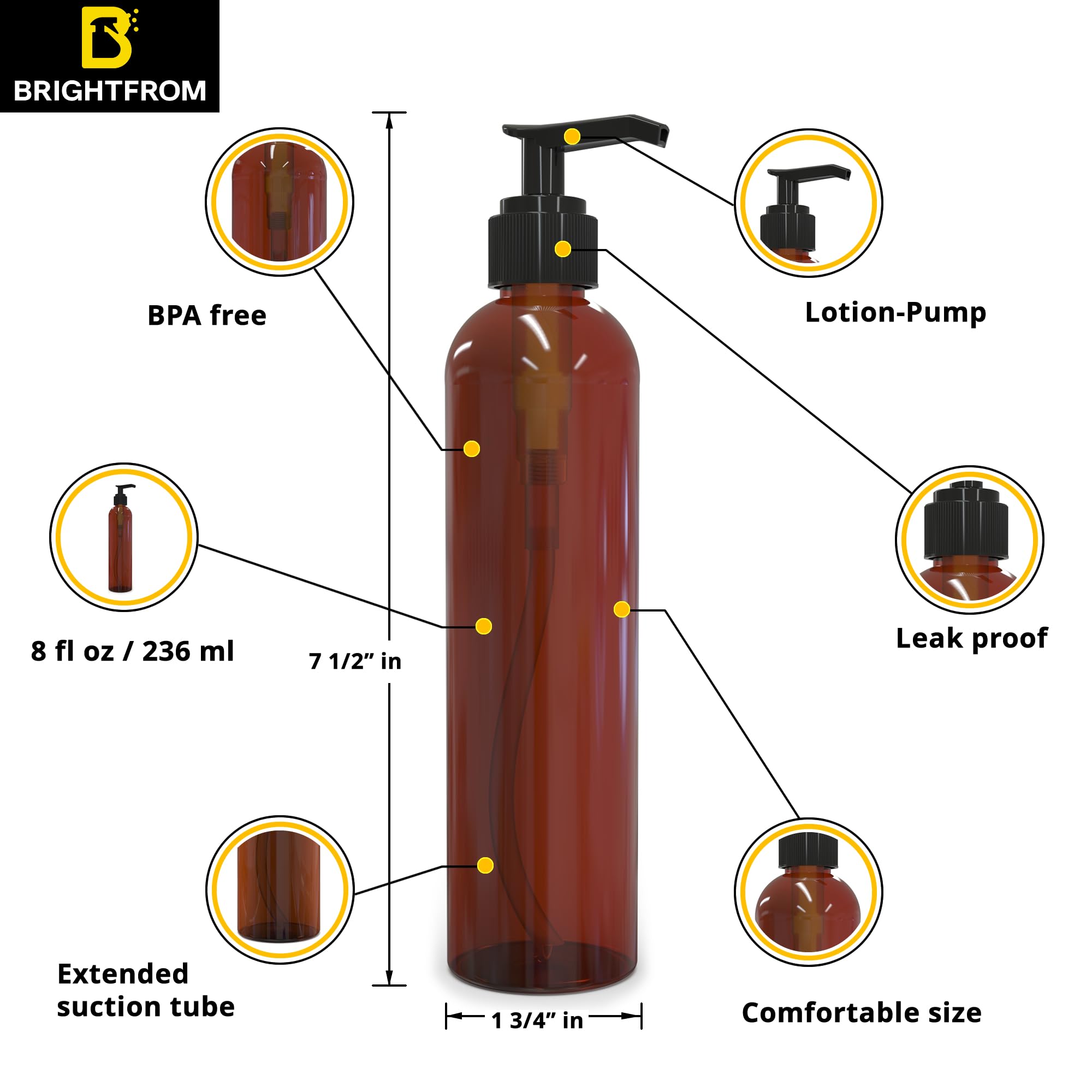 Brightfrom Lotion Pump Bottles, Empty 8 Oz, Bpa-Free Refillable Plastic Containers, Amber With Black Dispenser For - Soap, Shamp
