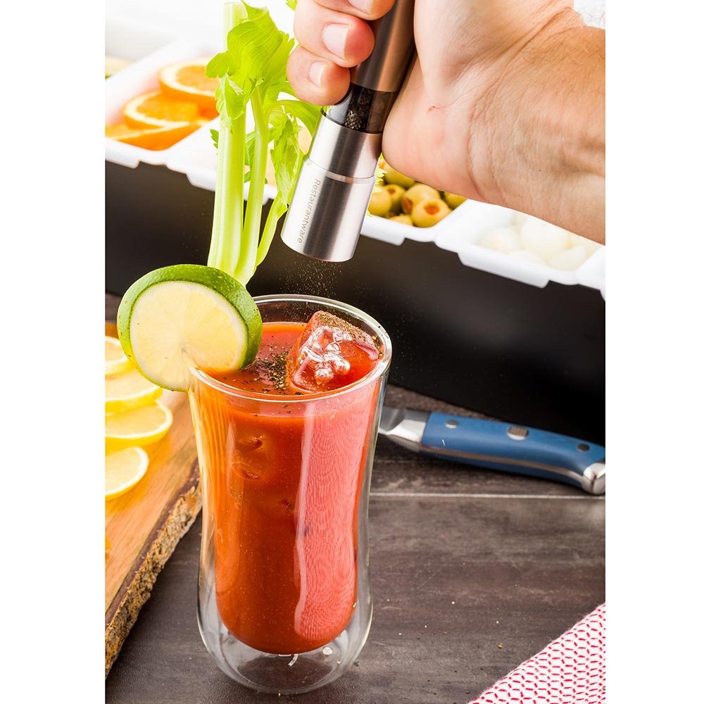 Restaurantware Met Lux Salt Or Pepper Mill 1 Push Top Salt Or Pepper Grinder Refillable One-Hand Operation Stainless Steel Salt