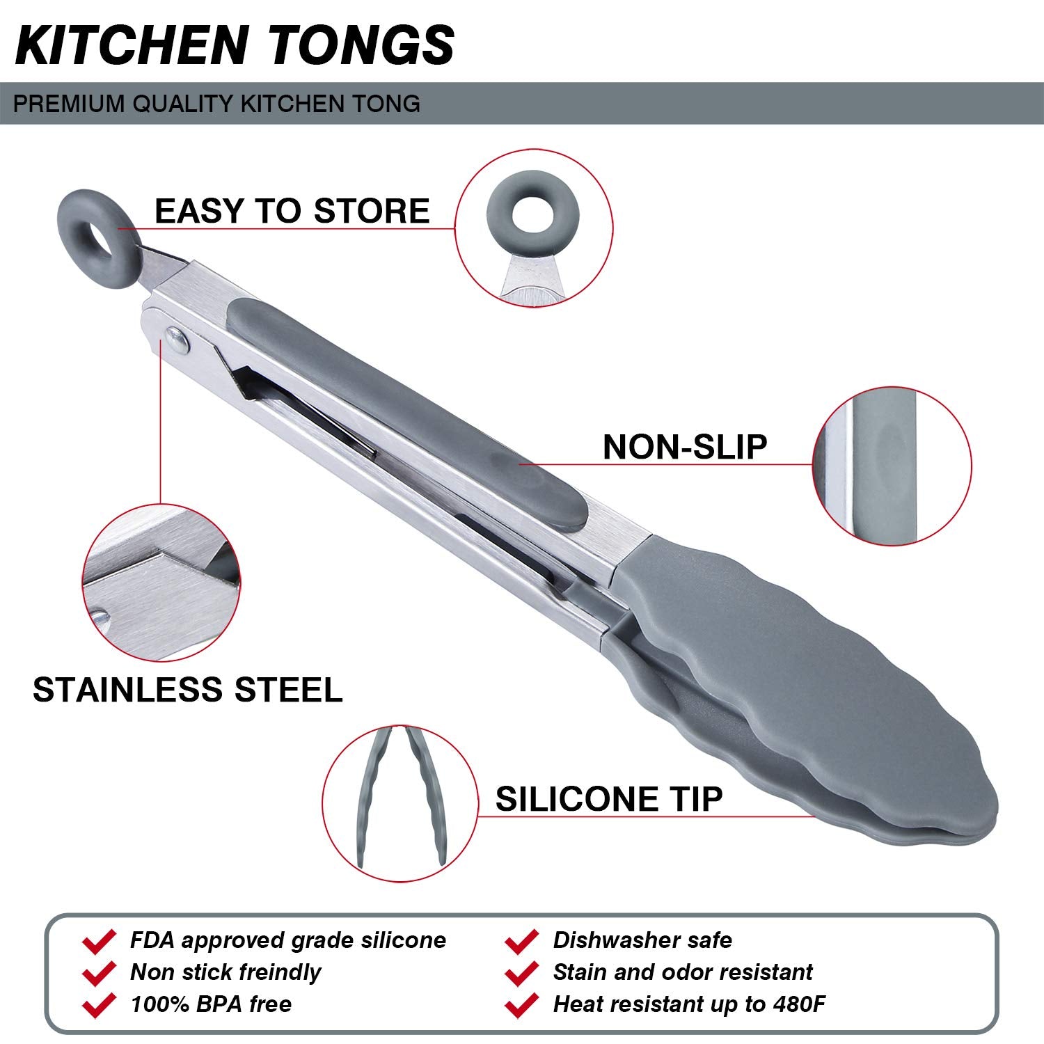 Msy Bigsunny Kitchen Food Tongs - 7'' Mini Silicone Serving Tongs - Set Of 3 (Gray)