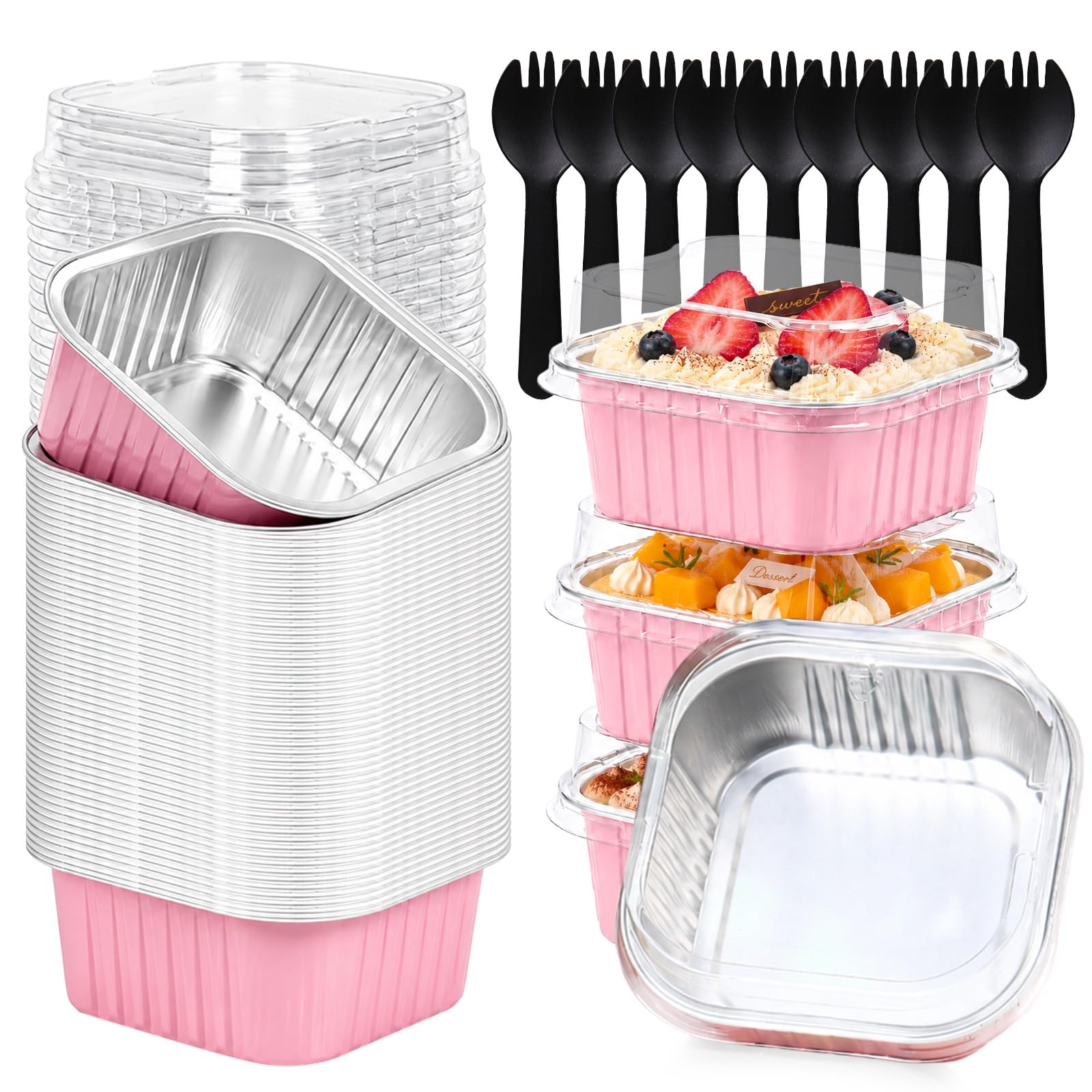 FORBFAN 5 oz Pink Mini Cake Pans with Lids & Spoons, 150 Pack Aluminum Square Baking Cups, OvenSafe Disposable Ramekins for Cup