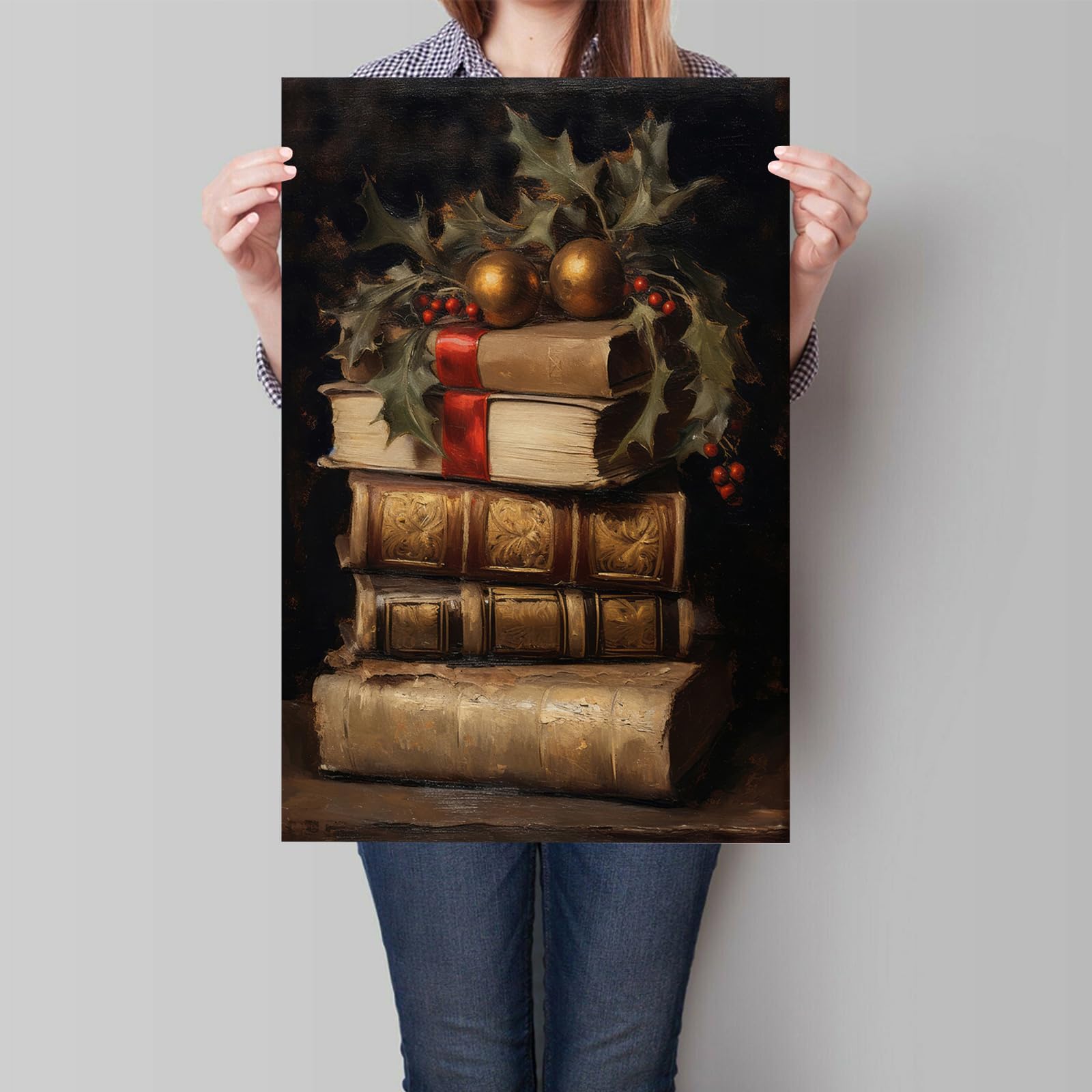 Wodkodnxy Vintage Christmas Canvas Wall Art, Rustic Books Art Still Life Pictures For Wall, Merry Christmas Poster Winter Print,