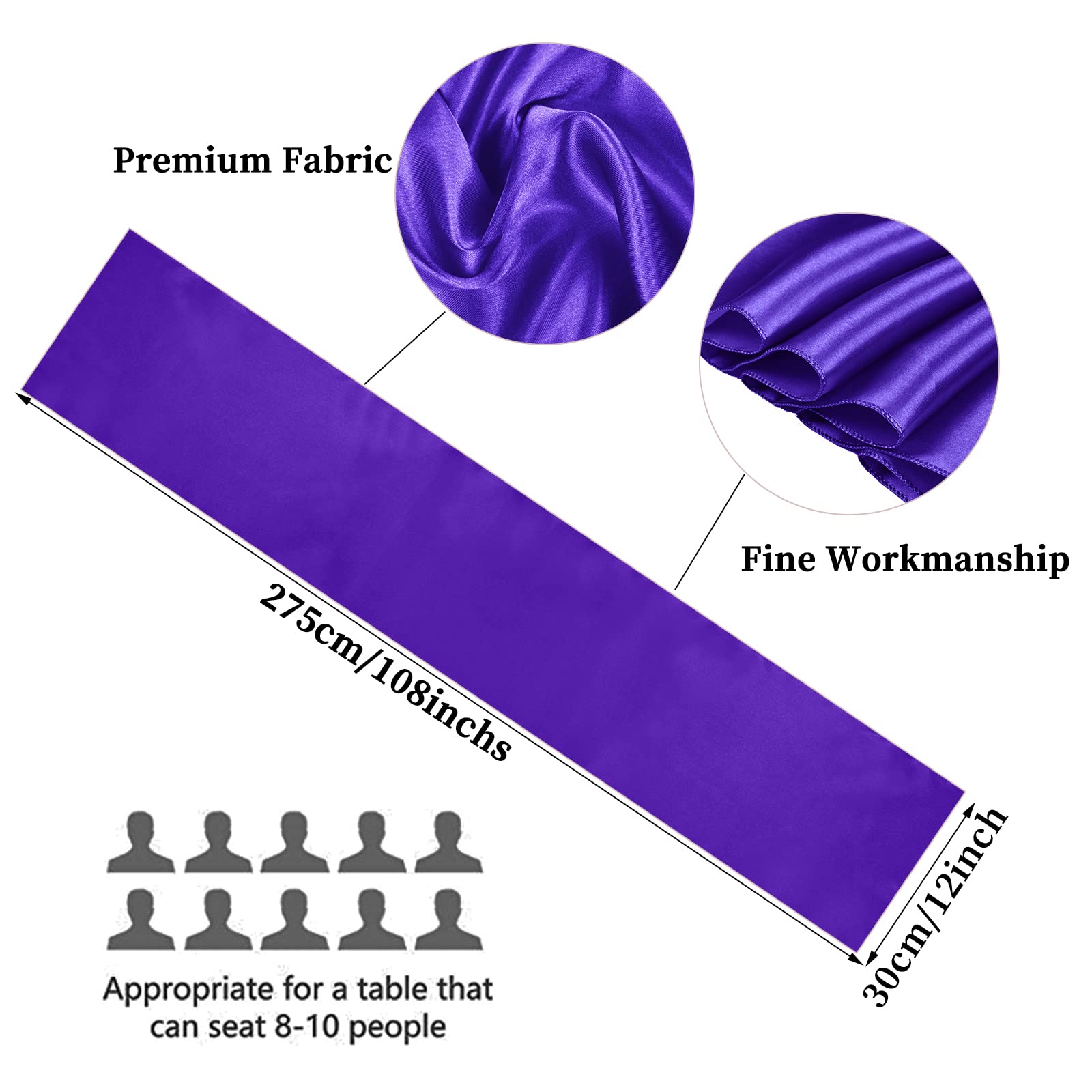 10-Pack Purple 12 X 108 Inches Long Premium Satin Table Runner For Wedding, Decorations For Birthday Parties, Banquets, Graduati