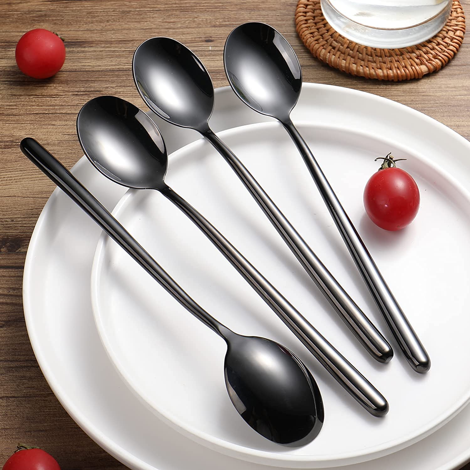 Ouliget Steel Black Soup Spoon, Long Handled Great Circle Spoons,Korean Long Handle Soup Spoon,8 Pieces,8.7X1.6 Inches.