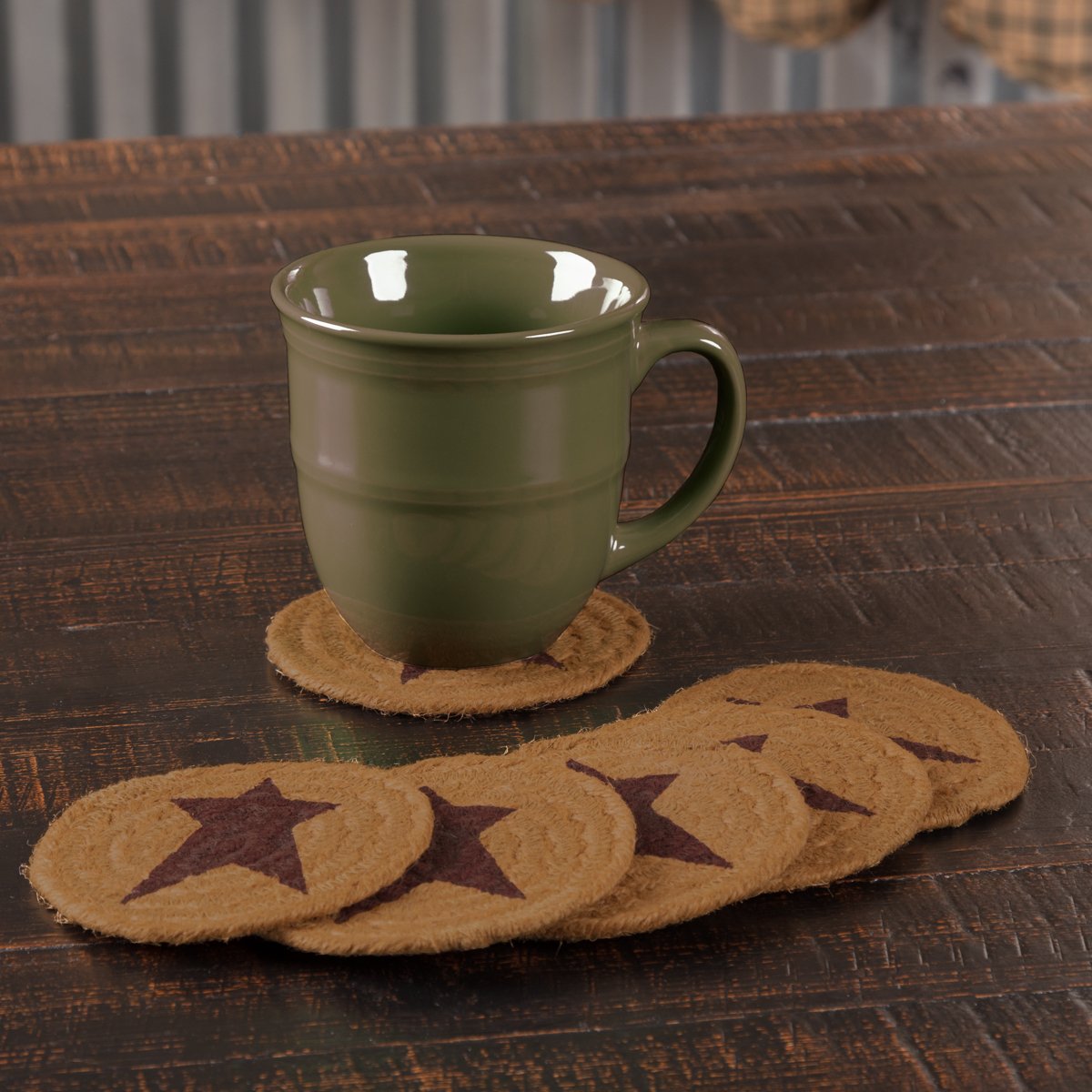 Vhc Brands Heritage Farms Primitive Coaster Star Set Of 6 Stenciled Textured Jute Round 4''