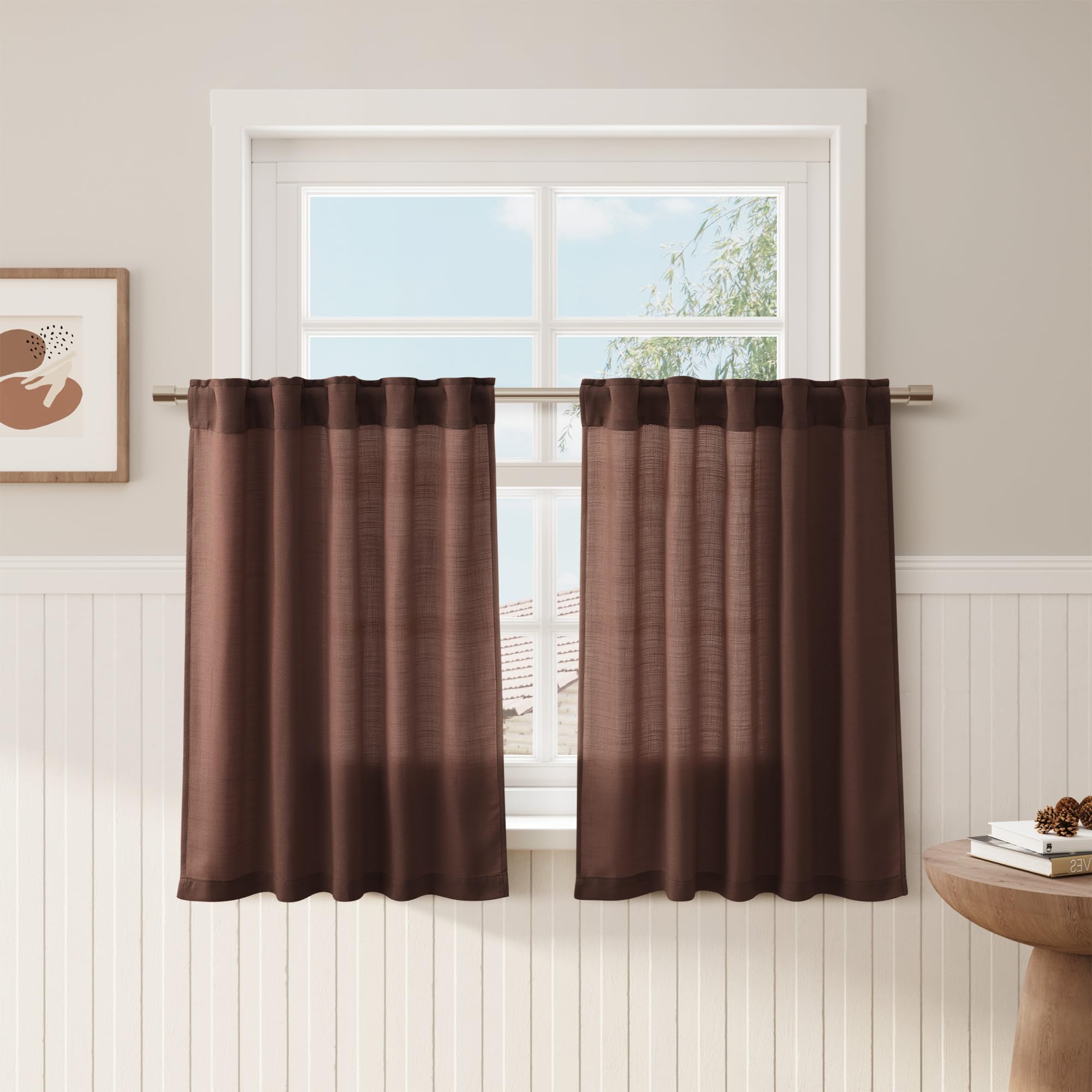 Rustic Brown Kitchen Linen Curtains 36 Inch Length 2 Pack Privacy Light Filtering Linen Short Drapes with Rod Pocket Back Tab fo