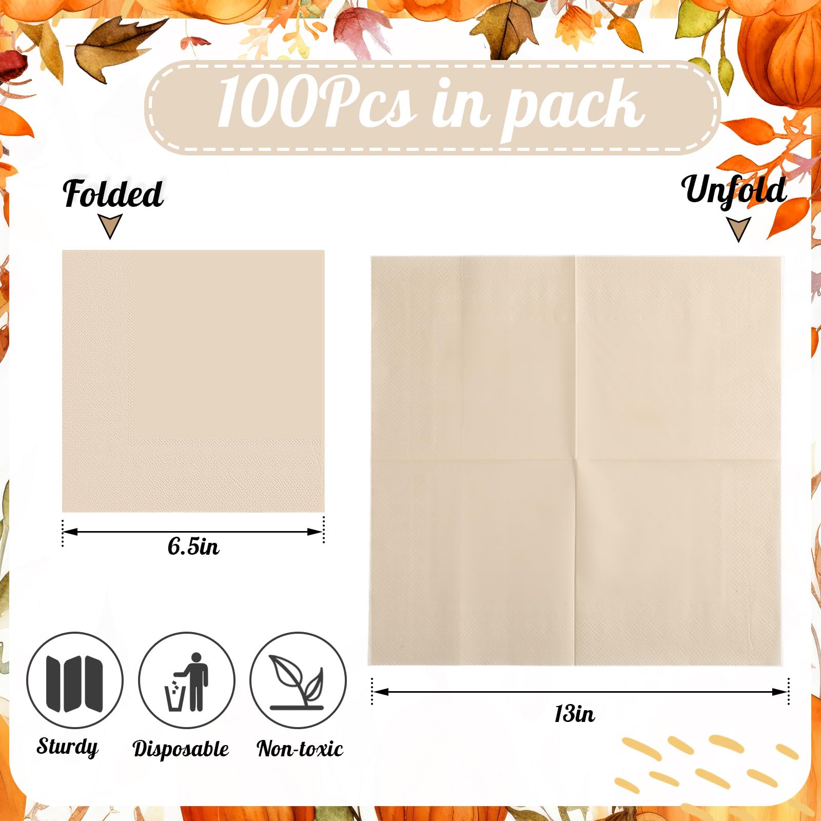 Teling 100 Pcs Cream Paper Napkins Disposable Beige Napkins for Fall Holidays Wedding Home Luncheon Reception Tea Party Dining S