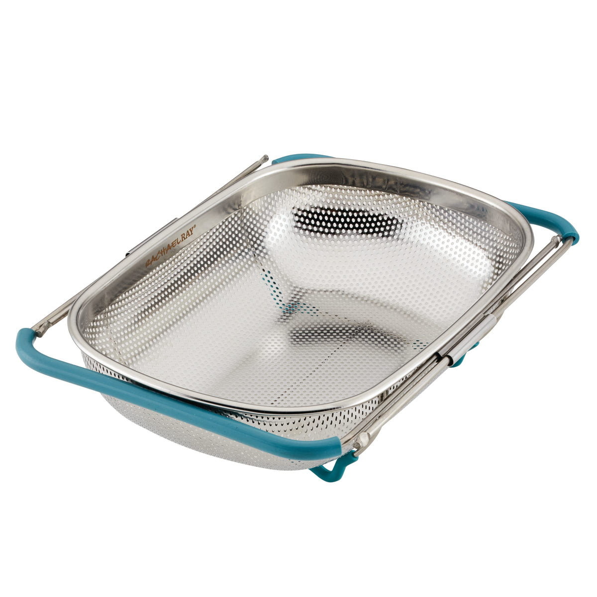 Rachael Ray Tools And Gadgets Over-The-Sink Colander/Strainer, 4.5 Quart, Stainless Steel With Agave Blue Handles