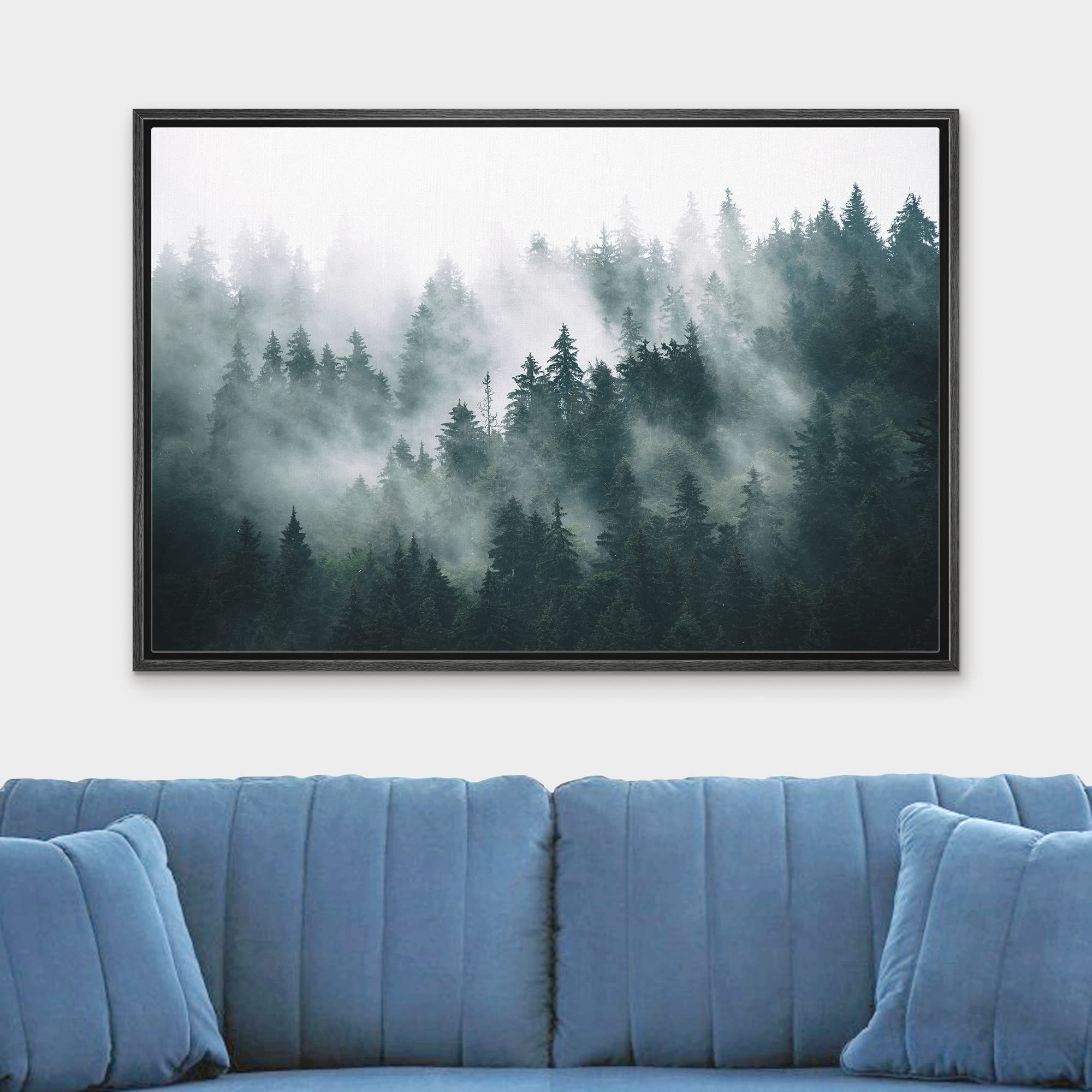 wall26 Framed Canvas Print Wall Art Misty and Fog Over Dark Mountain Forest Wilderness Nature Photography Modern Art Rustic Landscape Colorful for Living Room  Bedroom  Office - 16x24 Black