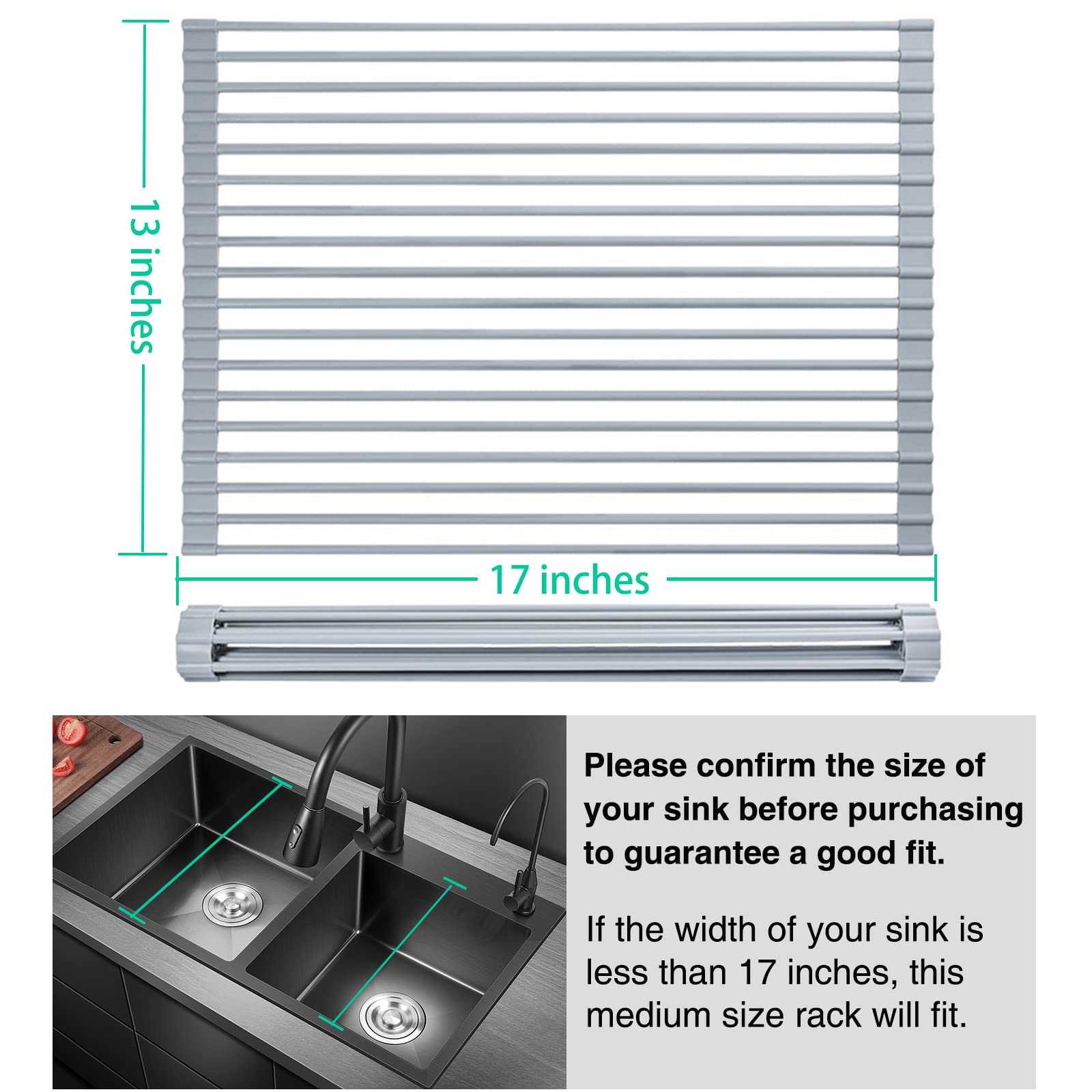 Tbmax Roll Up Dish Drying Rack, Food-Grade Silicone-Coated Stainless Steel Over The Sink Rack, Heavy Duty Roll Up Sink Drying Ra