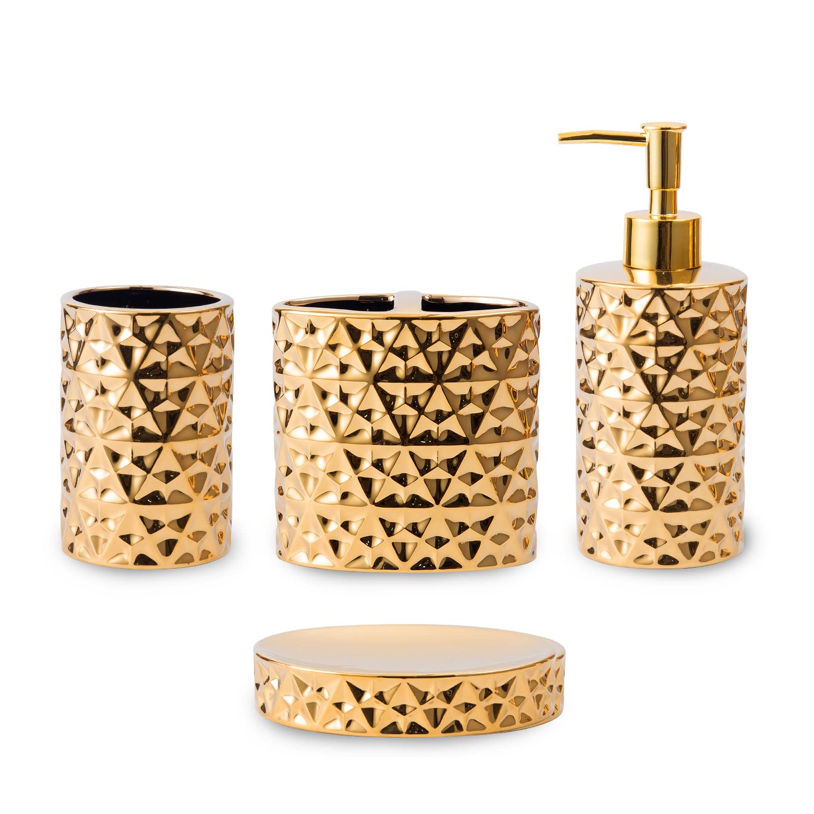 Rxlvcky Gold Bathroom Accessory Sets 4 Piece Ceramic Gift Set Apartment Necessities,Includes Soap Dispenser, Toothbrush Holder,